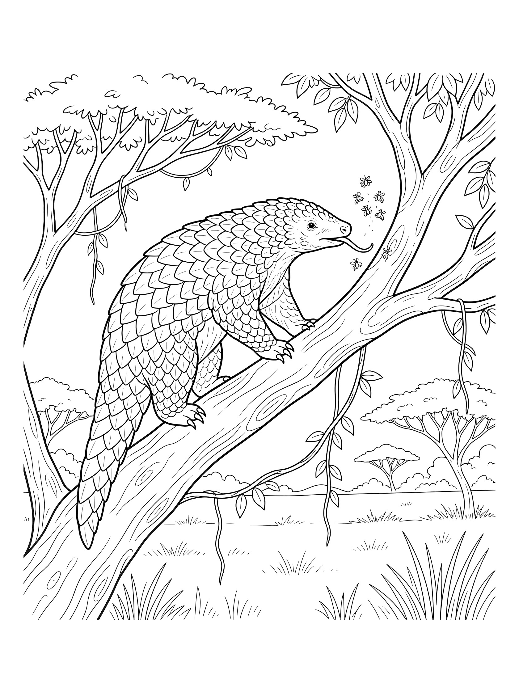 Black and white line art coloring page showing a pangolin climbing a tree branch, tongue out, with vines, leaves, and background trees.