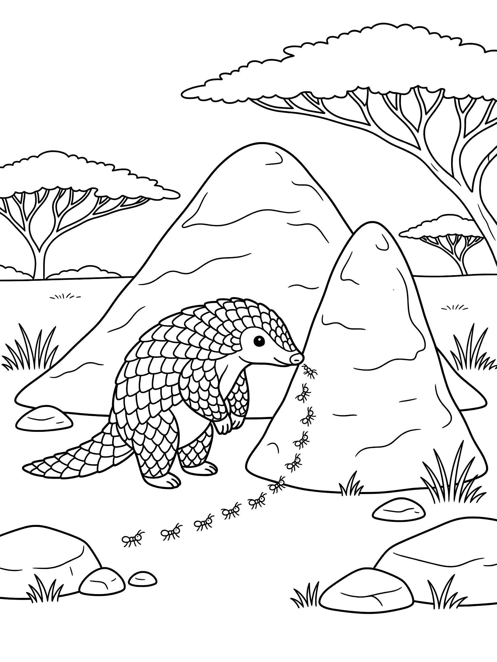 Black and white line art coloring page showing a cute pangolin on hind legs near a tall termite mound with ants, surrounded by rocks, grass, hills, and acacia tree branches.