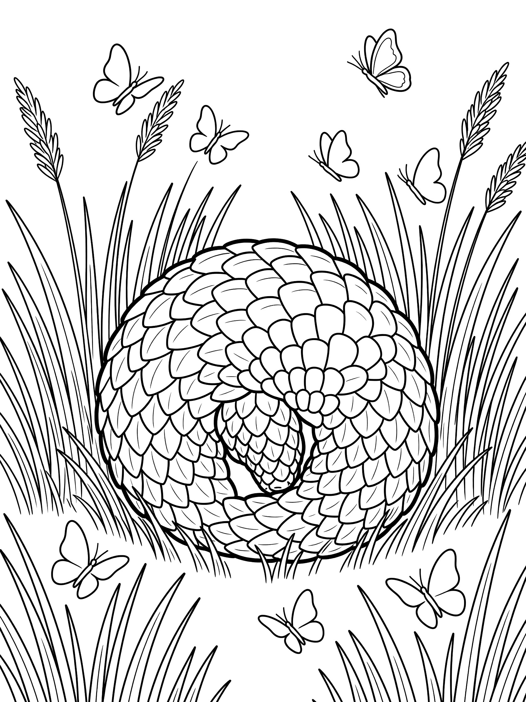 Black and white coloring page of a pangolin curled into a scaly ball in tall grass surrounded by butterflies