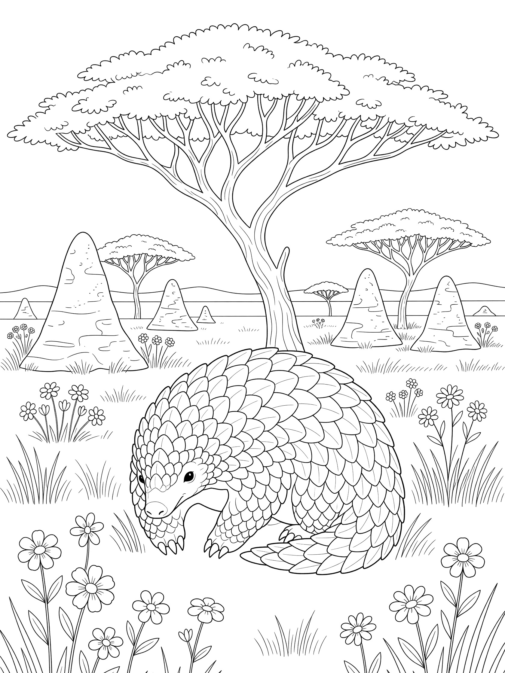 Black and white line art coloring page showing a pangolin sitting on grass near flowers under a large tree with distant hills in a savanna scene.