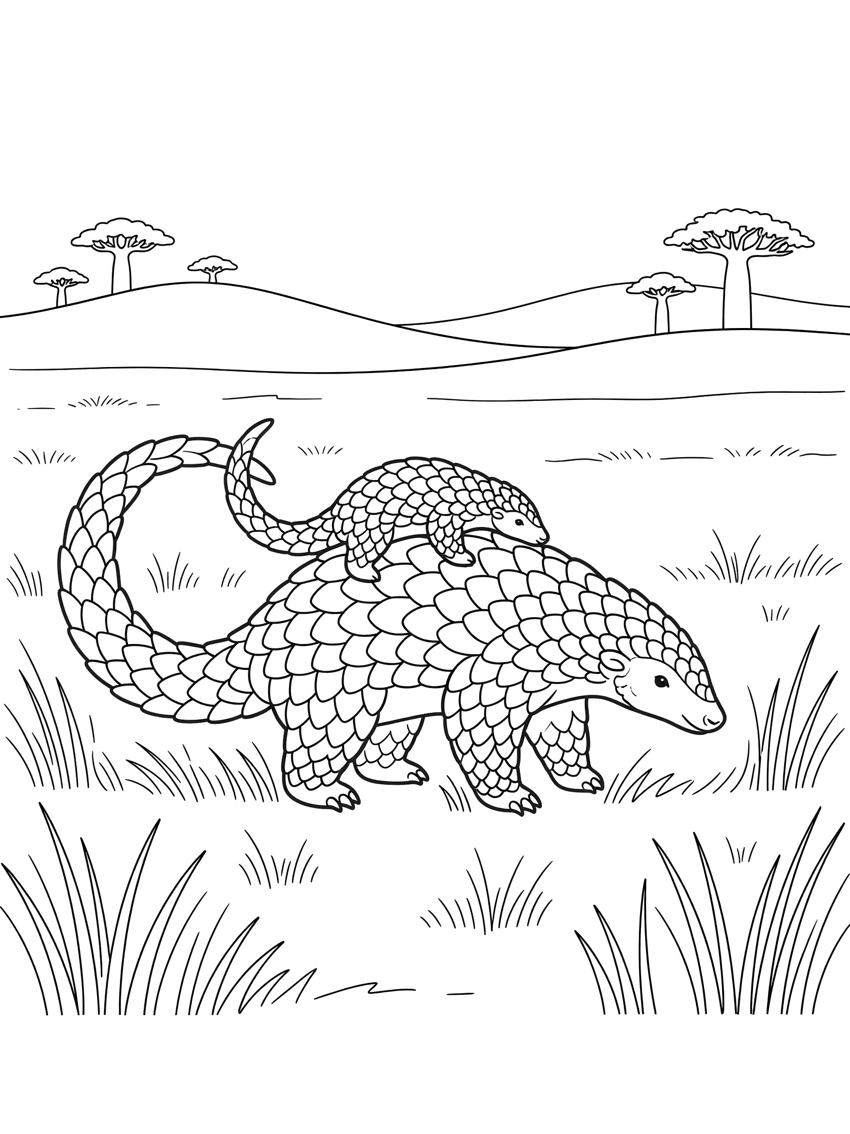 Black and white coloring page of a mother pangolin with scales and long tail walking in grass, baby pangolin on her back, hills and baobab trees in background