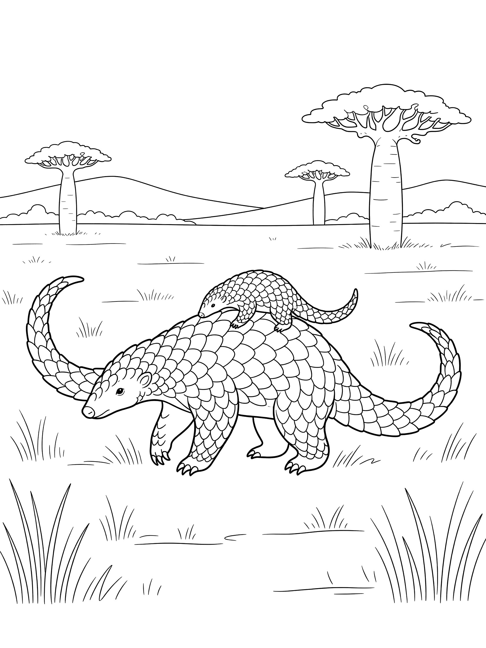 Black and white coloring page of a mother pangolin with scales and long tail walking in dry grass, baby pangolin on her back, rolling hills and baobab trees in background