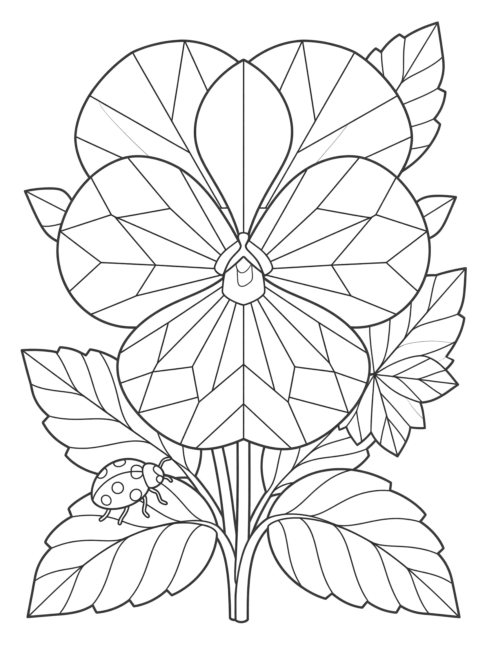 Black and white coloring page of a pansy flower with geometric petals and a ladybug on a nearby leaf