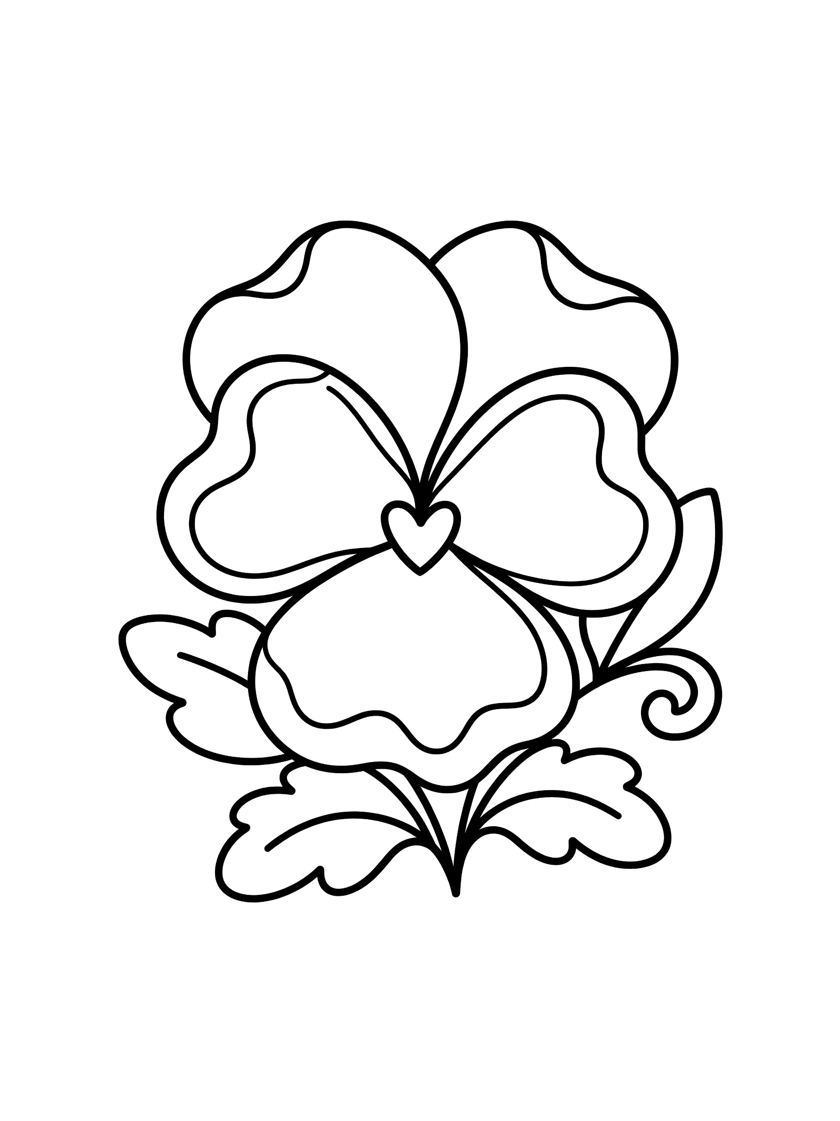 Black and white line art of a pansy flower with wavy curling petals, small heart-shaped center, and a few curly leaves on white background.