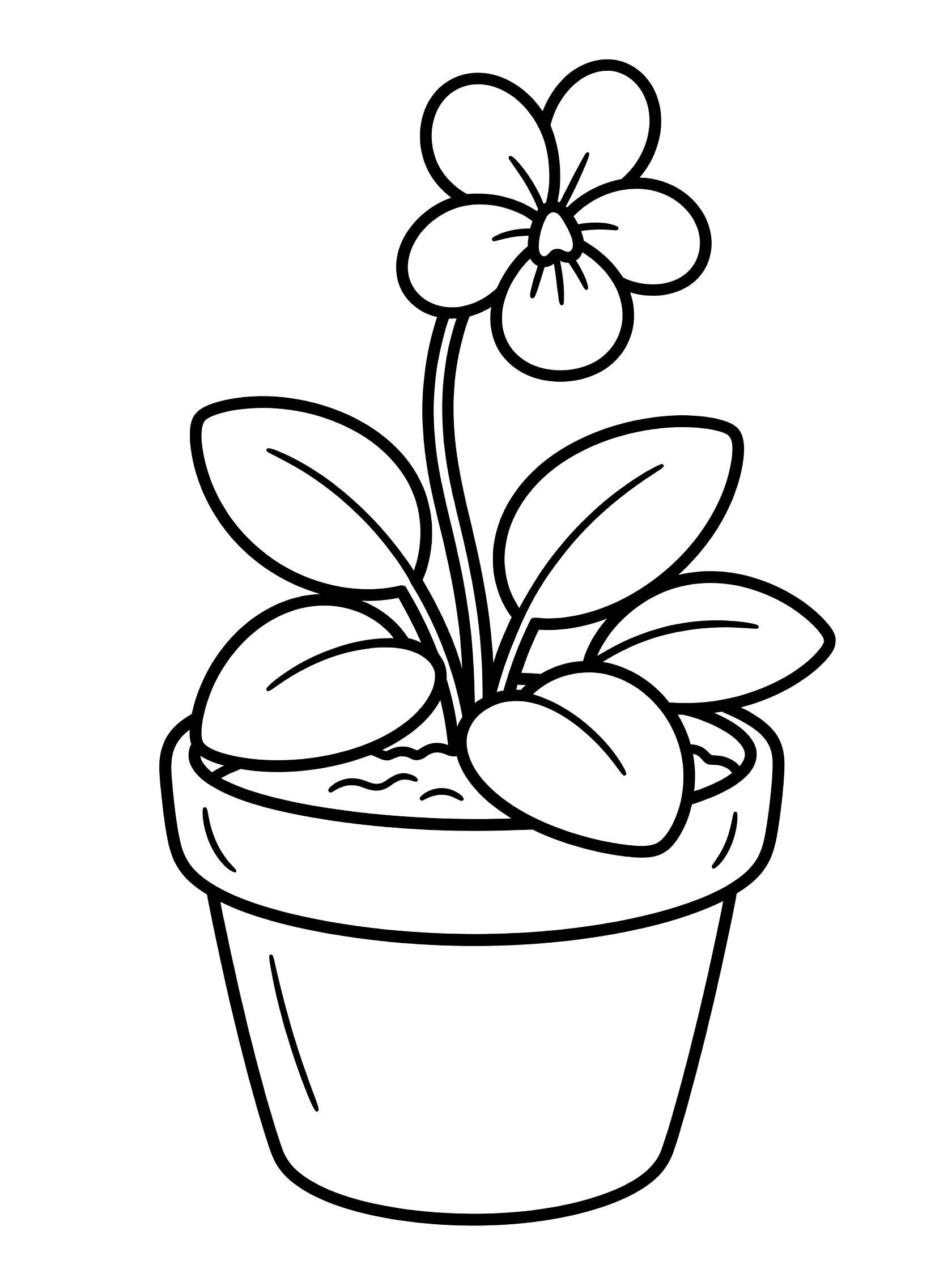 Black line art coloring page showing a pansy flower with five petals on a stem, broad leaves, and soil in a round pot. Violet themed black and white printable line art