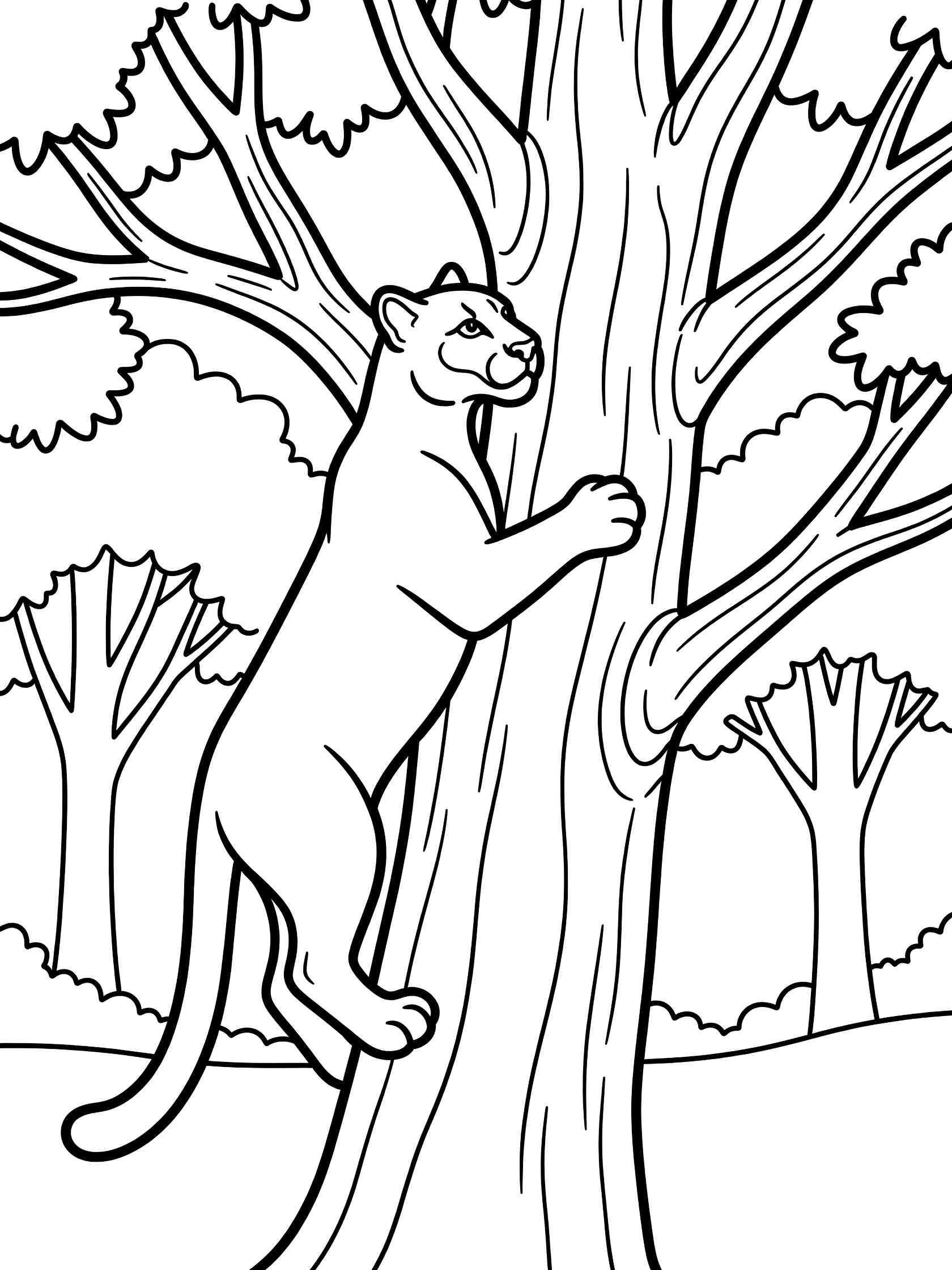 Black and white line art coloring page showing a panther gripping and climbing the trunk of a large tree with spreading branches and distant forest trees. Puma themed black and white printable line art