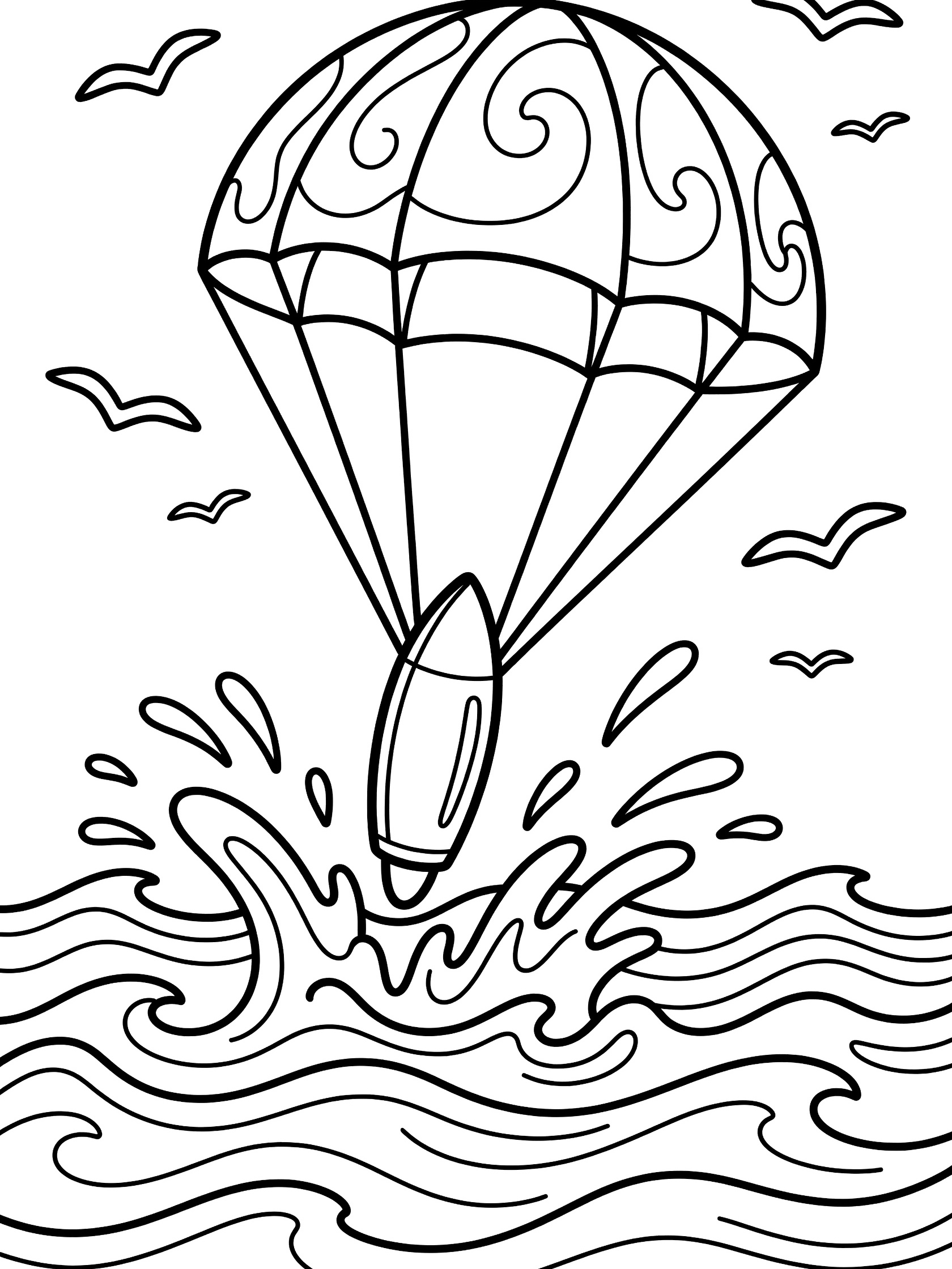 Black and white line art of a rocket nose cone with open parachute landing on ocean waves, seagulls circling, and splash patterns.
