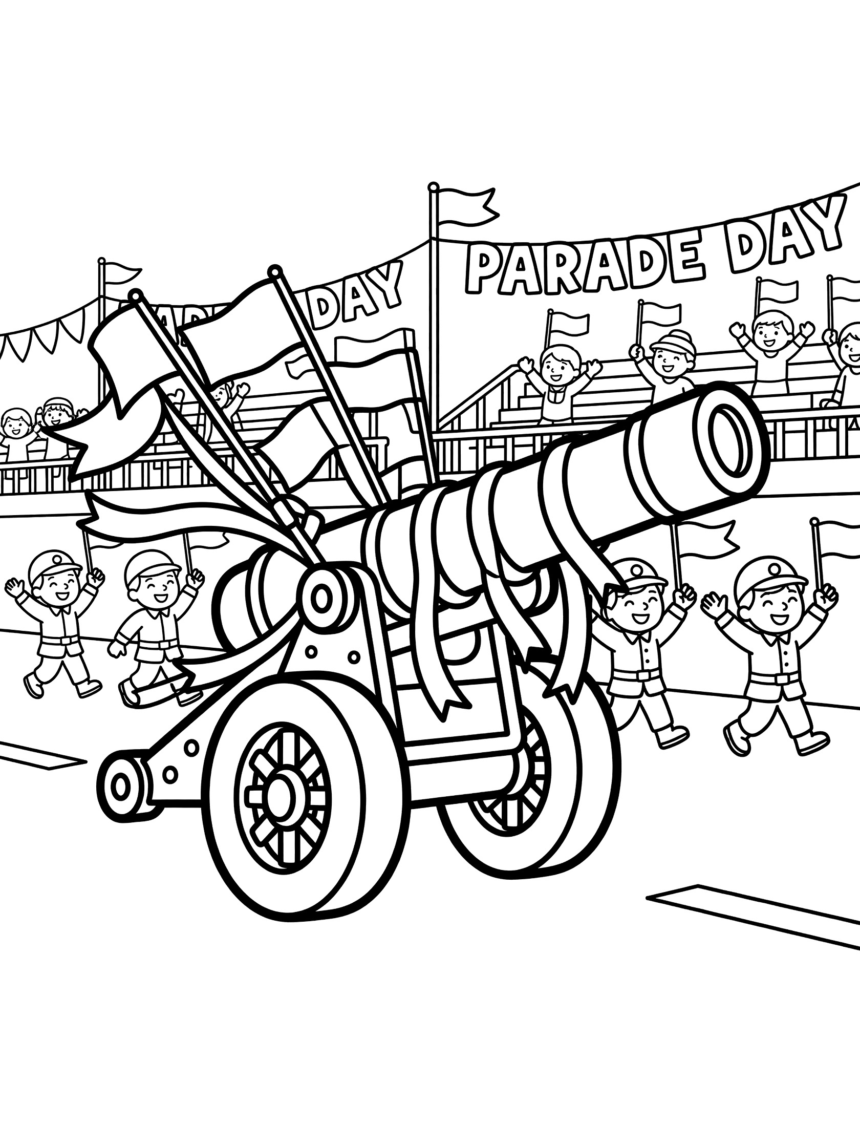 Cartoon howitzer coloring page on parade street with cheerful soldiers marching beside it, flags and ribbons on the barrel, grandstands and 'PARADE DAY' banners in the background.