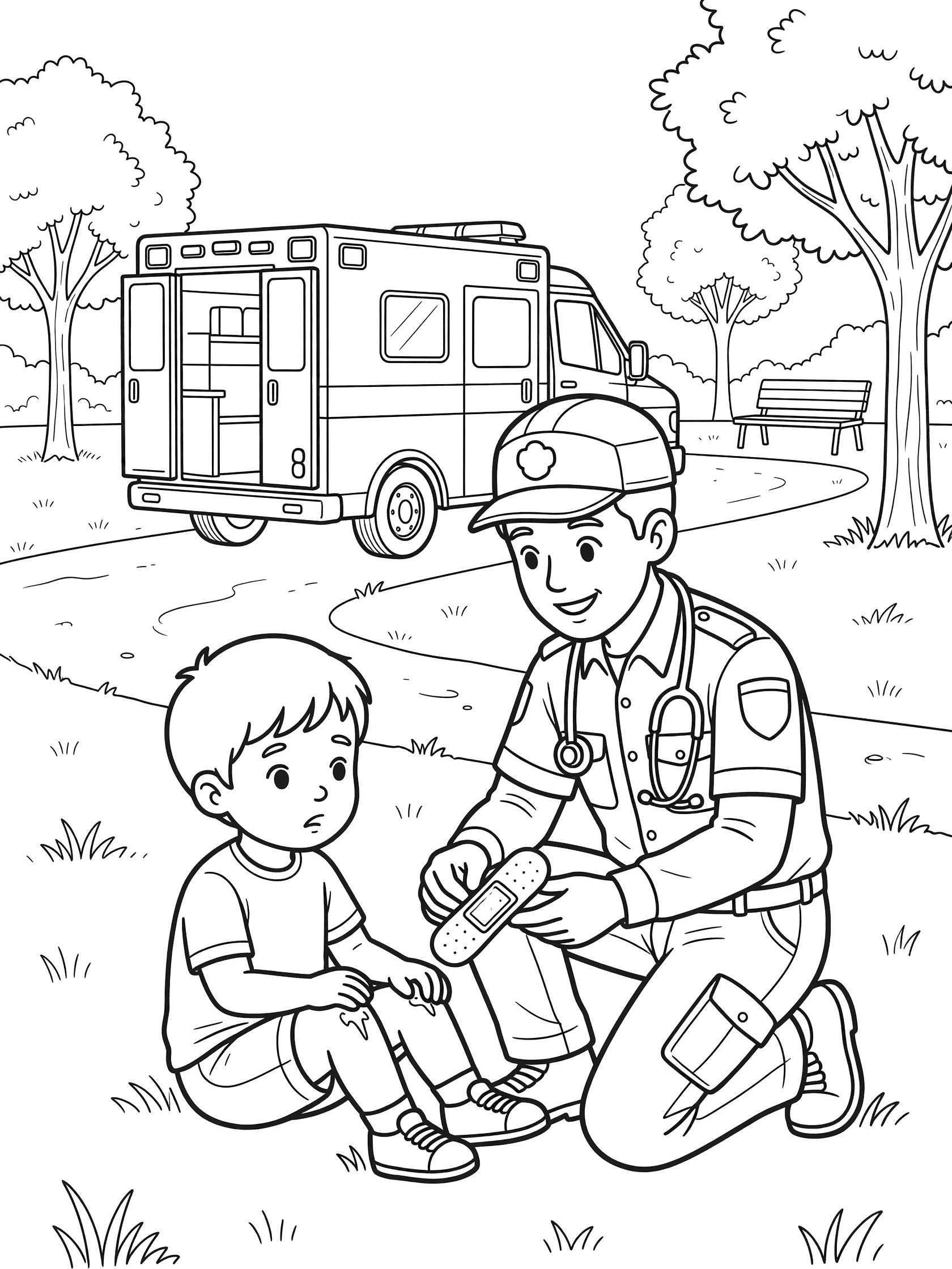 Black-and-white coloring page of a paramedic bandaging a boy's scraped knee on the grass in a park, with ambulance and trees in the background.