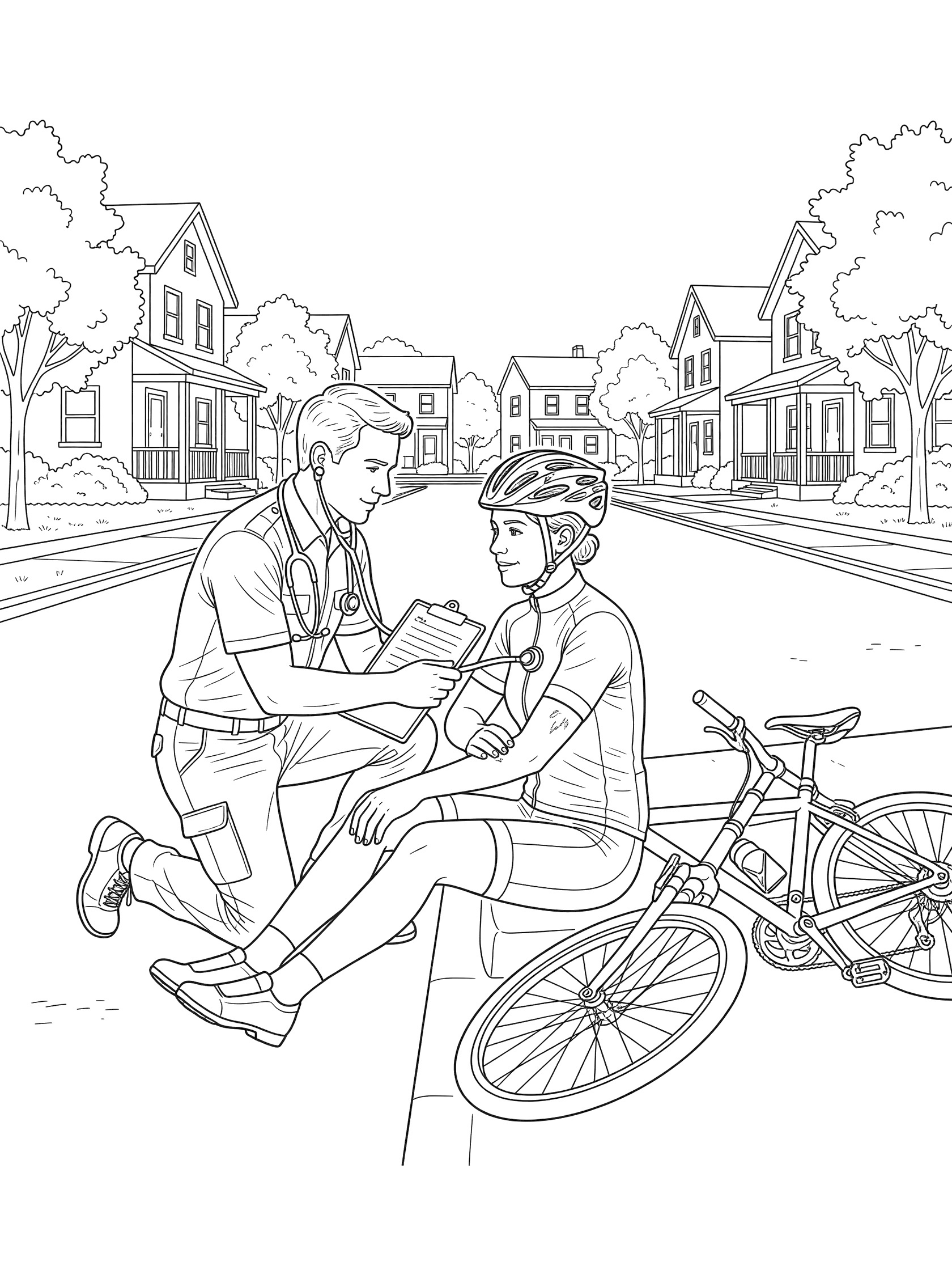 Line art coloring page showing paramedic kneeling to listen to heartbeat of injured bicyclist with helmet and bike jersey, overturned bicycle nearby on street curb