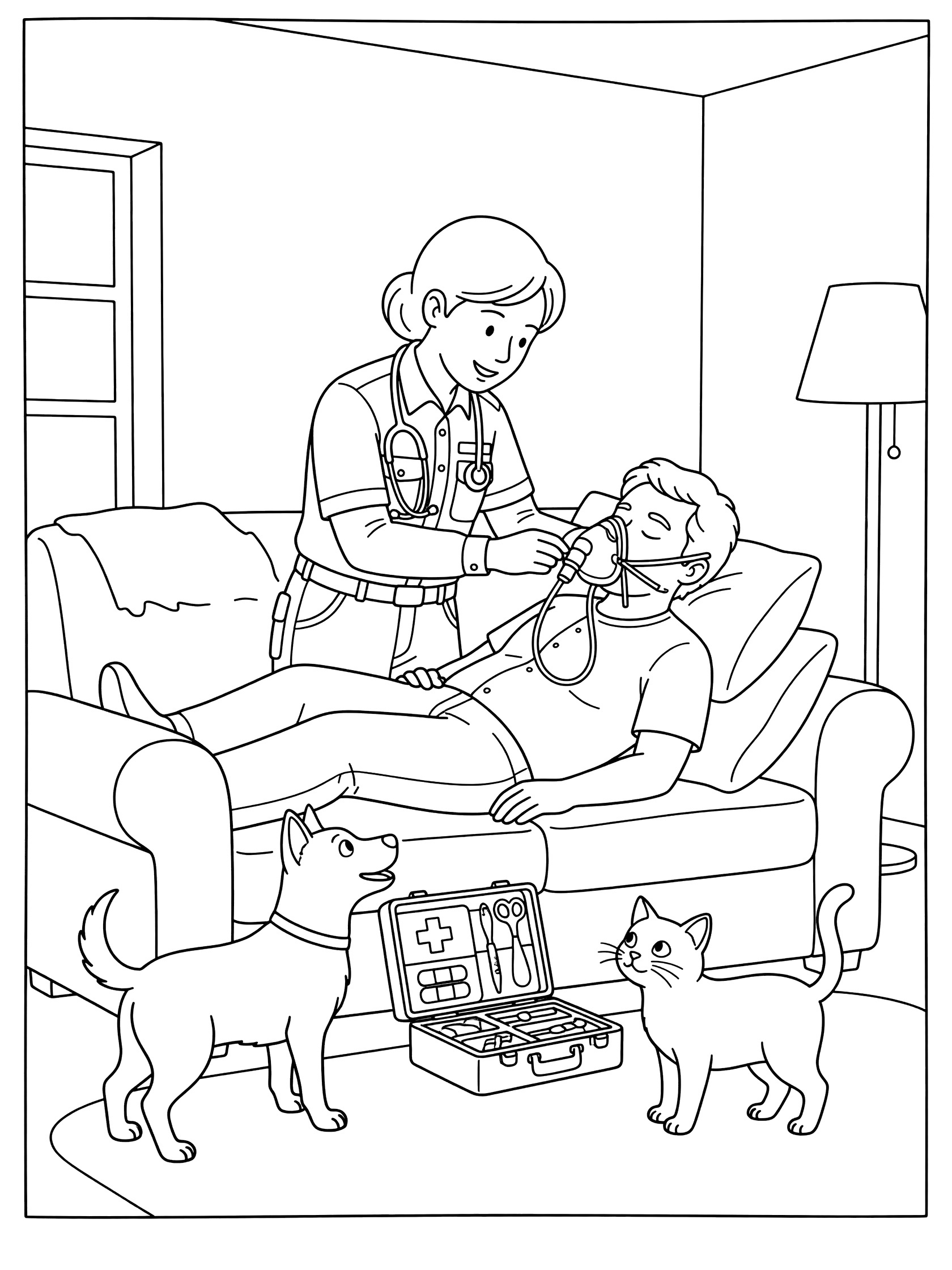 Line art coloring page showing a paramedic in uniform giving an oxygen mask to a patient on a couch at home, with a dog and cat watching and medical kit open.