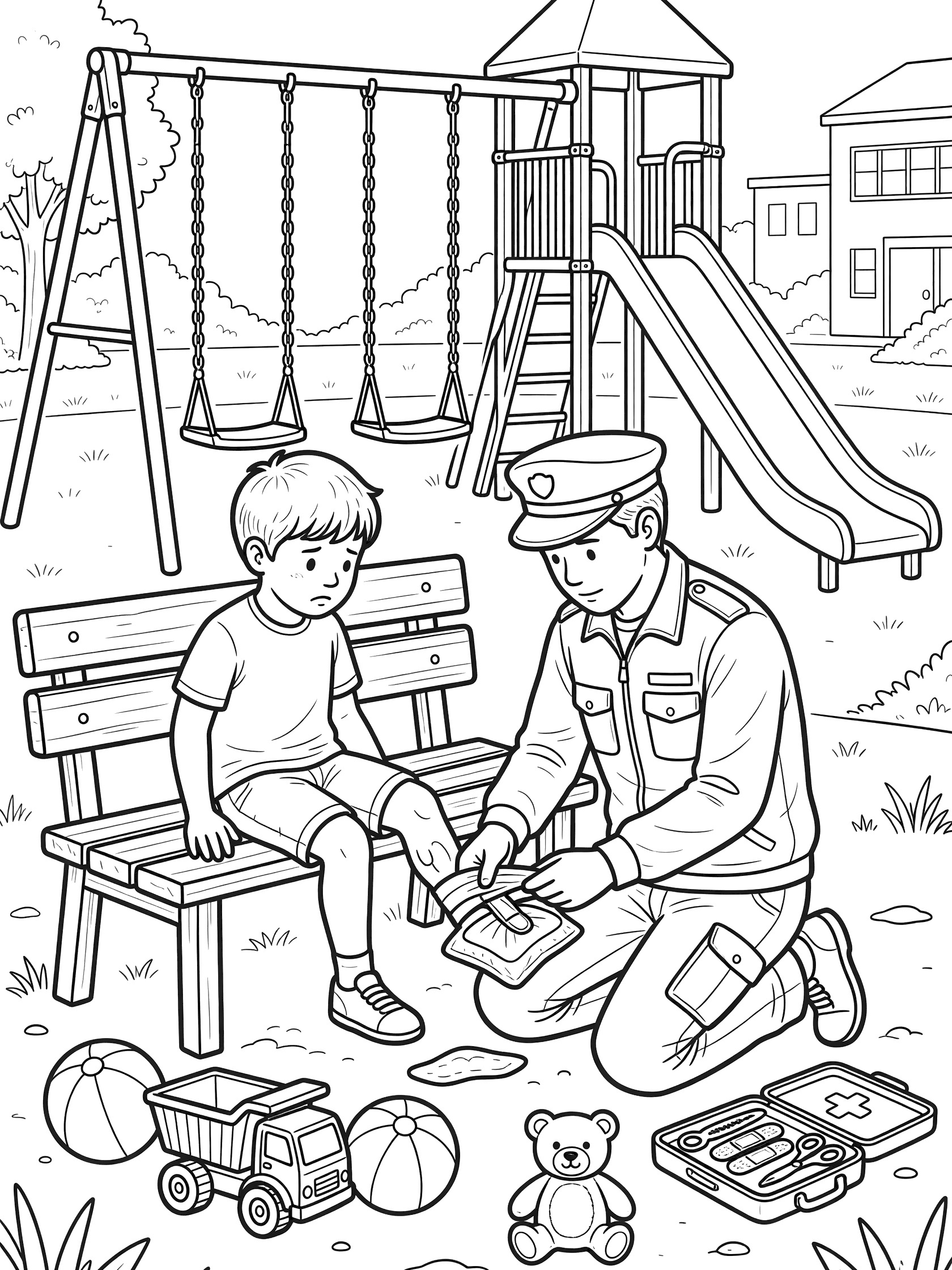 Black and white line art of paramedic kneeling to treat boy's sprained ankle with ice pack on playground bench, swings and slide in background