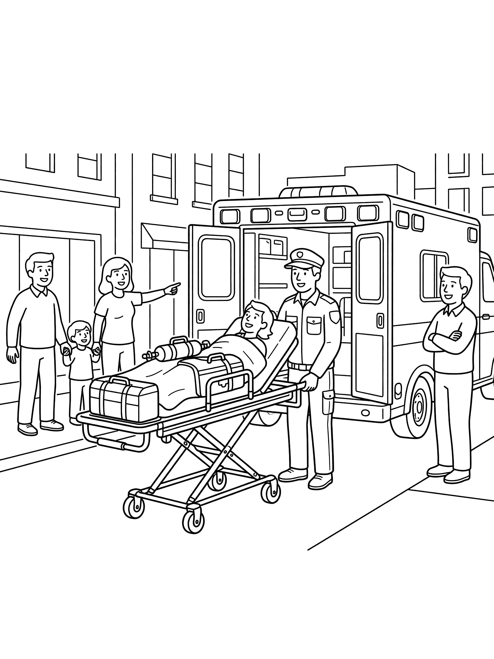 Black and white coloring page showing a paramedic in uniform pushing a stretcher with a blanket-covered patient to an open ambulance door on a busy street with watching bystanders