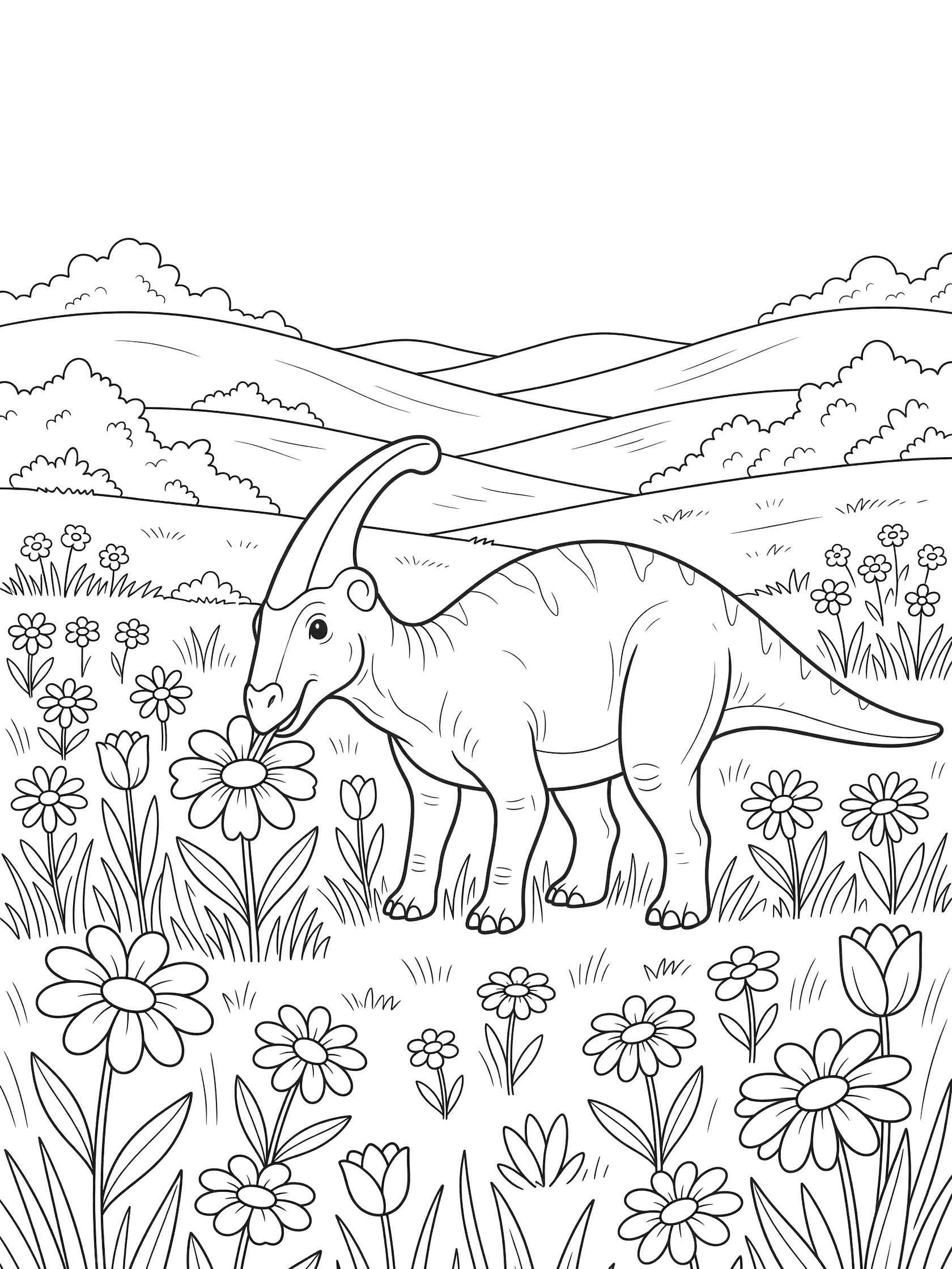 Line art coloring page showing a Parasaurolophus dinosaur eating flowers in a meadow surrounded by grasses, wildflowers, hills, and bushes