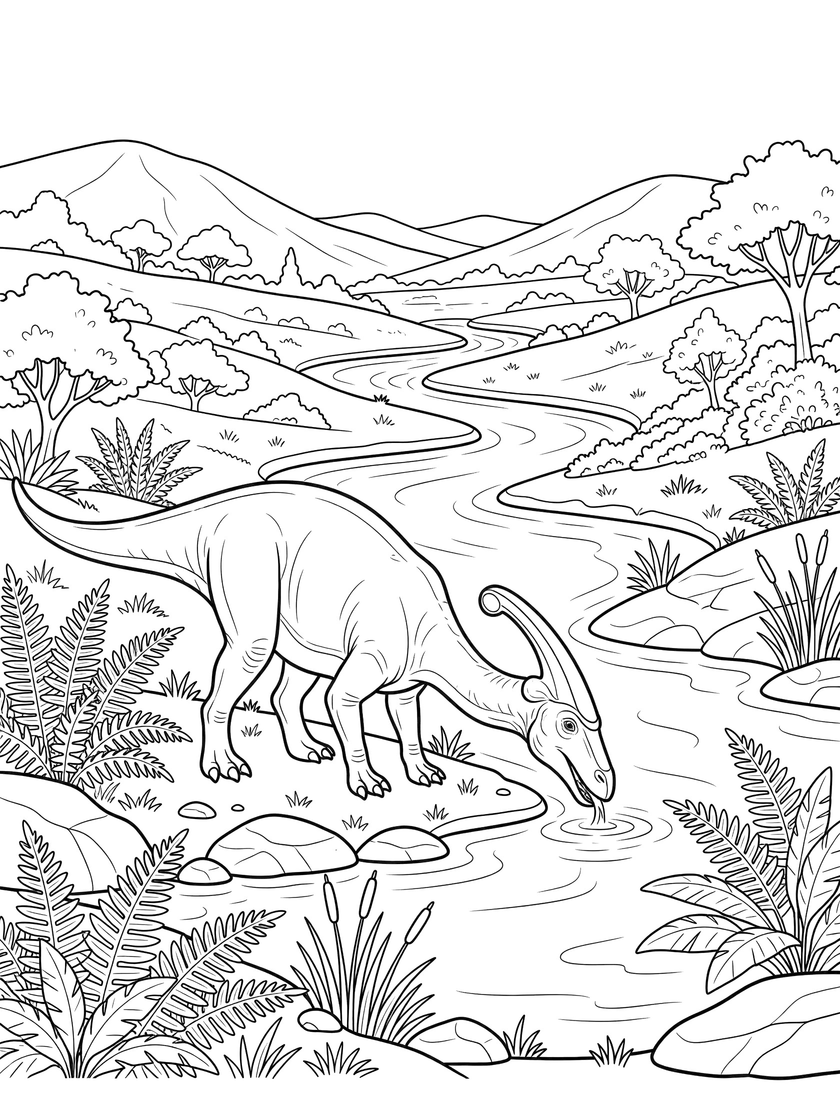 Black and white line art of a Parasaurolophus dinosaur bending its long neck to drink from a river, surrounded by ferns, reeds, rocks, and distant hills.