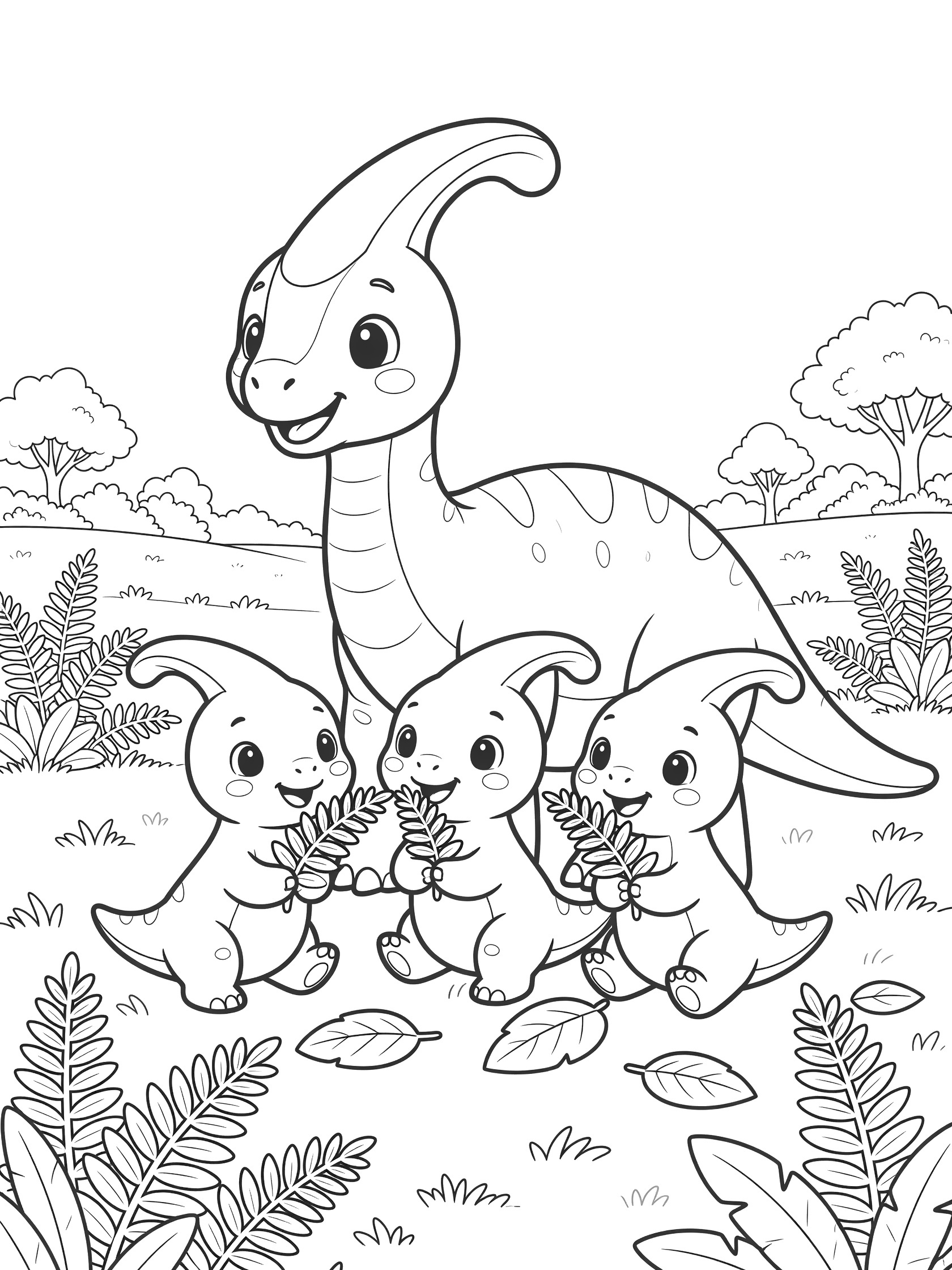 Black and white coloring page of a big Parasaurolophus with curved crest standing with three tiny baby Parasaurolophus around its legs, eating leaves and ferns in a prehistoric meadow with bushes and trees.