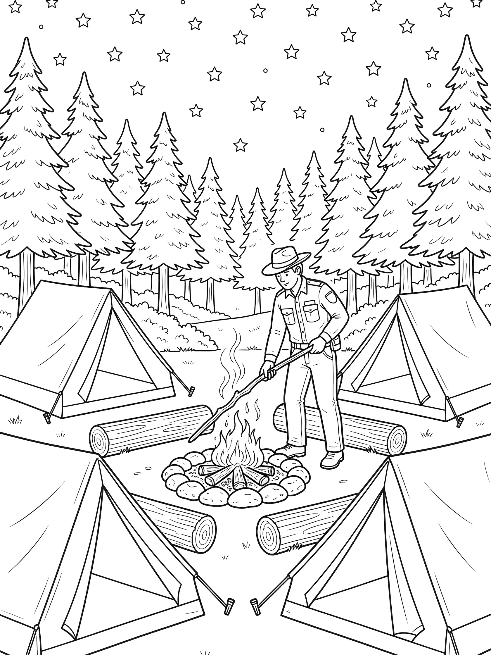 Black and white line art of a park ranger in uniform safely checking a contained campfire at night with tents, log seats, pine trees, and twinkling stars.