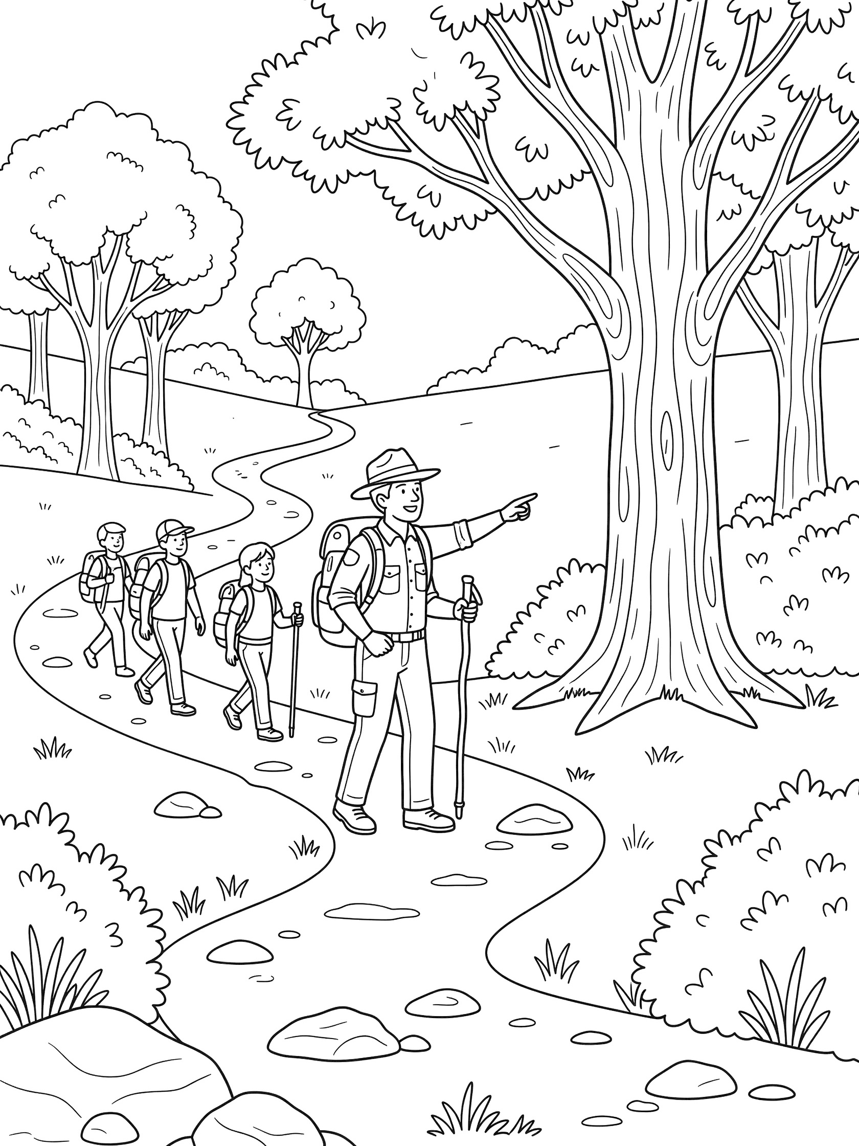 Black and white line art of park ranger with hat and backpack leading group of hikers on forest trail, pointing at tall tree with walking stick nearby
