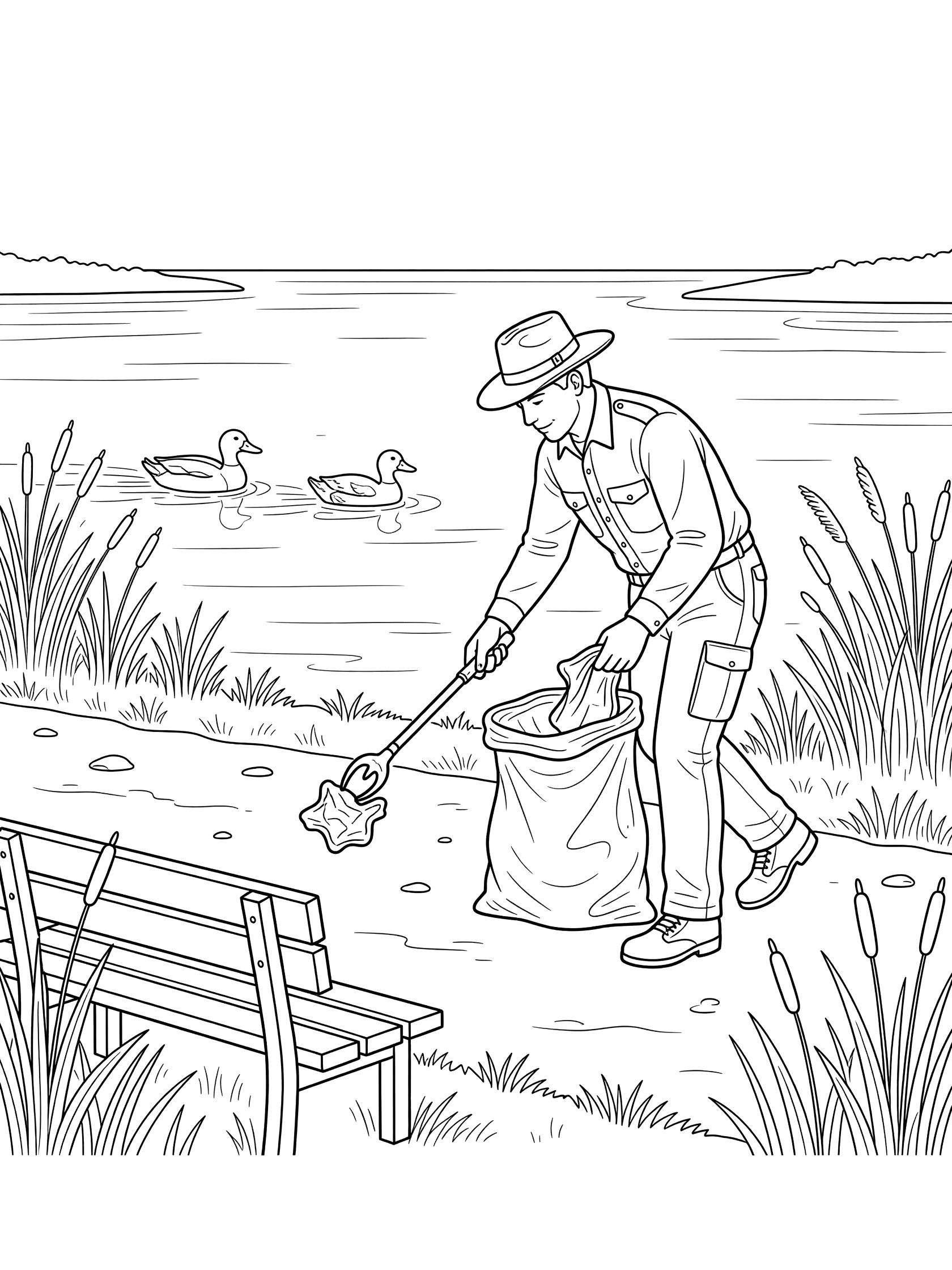 Park ranger bending down with litter grabber to clean trash into a bag by the lake, with ducks, benches, and reeds coloring page