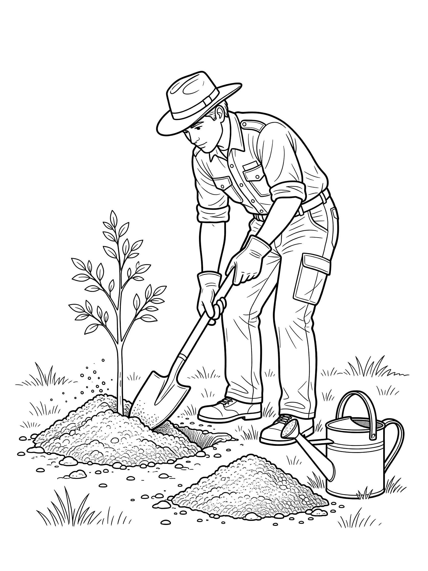 Black and white line art of a park ranger in hat and gloves planting a young tree with shovel, soil, and watering can