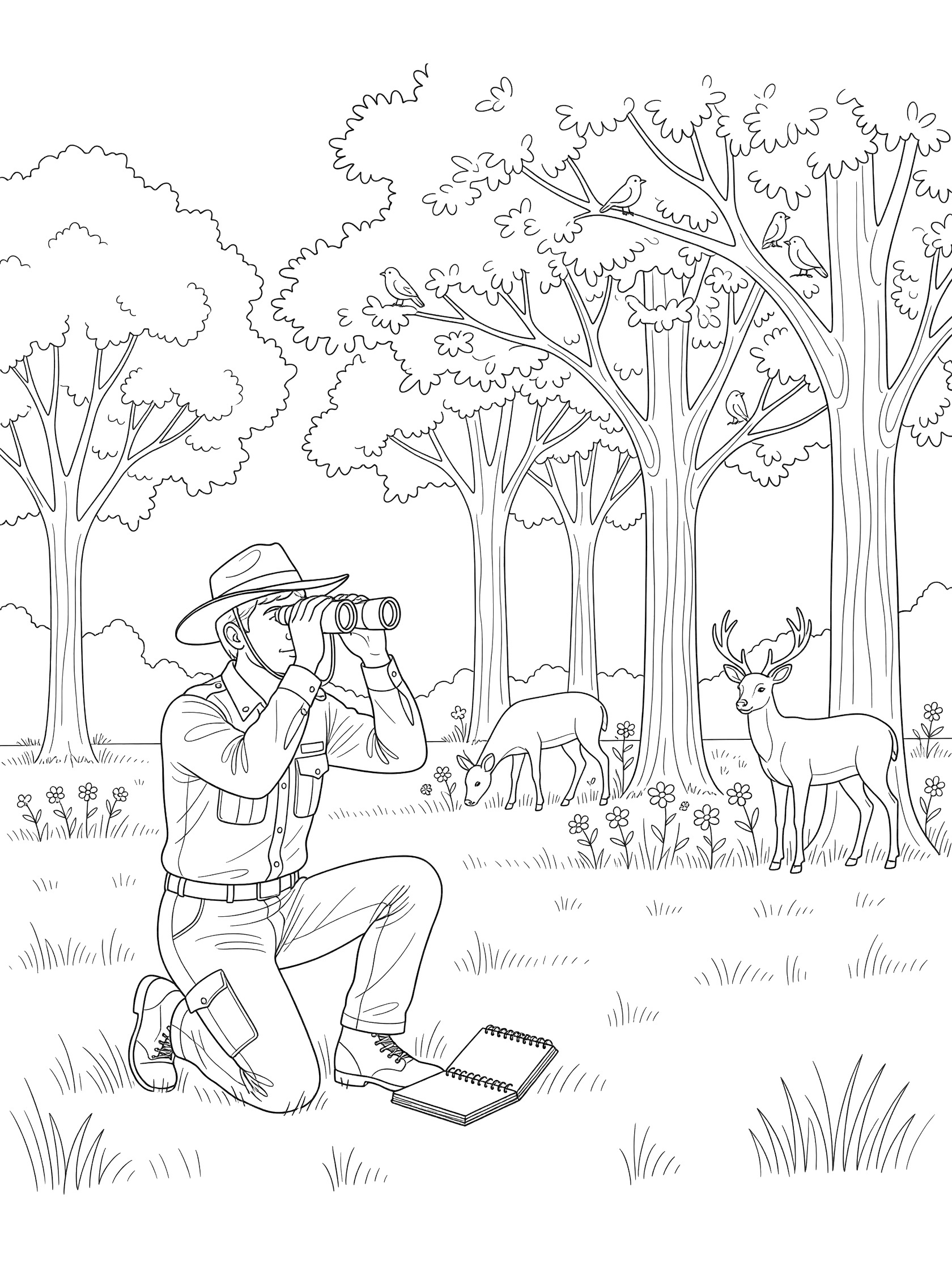 Park ranger kneeling in grassy meadow holding binoculars to eyes, watching birds in trees, deer grazing nearby with notebook on ground, line art coloring page