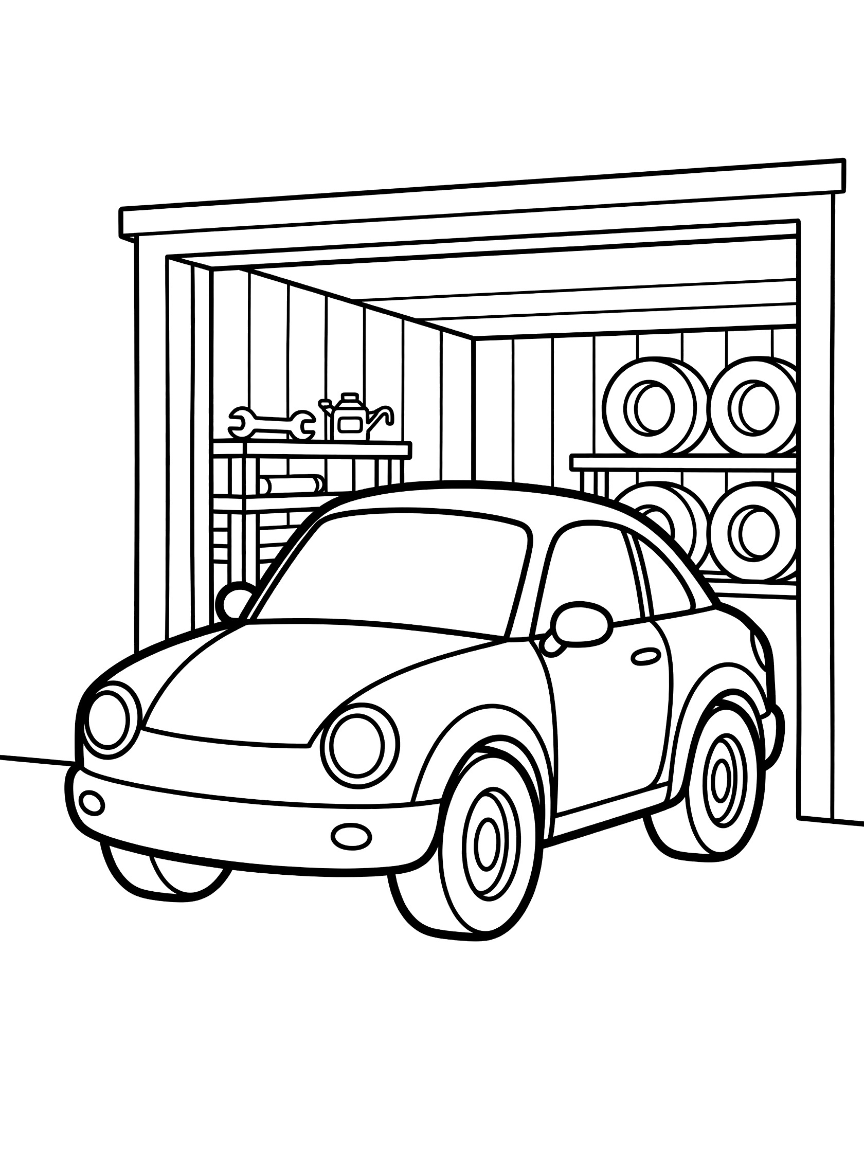 Line art coloring page showing a rounded cartoon coupe with big headlights and wheels parked inside a wooden garage with open door, wrench on workbench, oil can, and tire stacks.