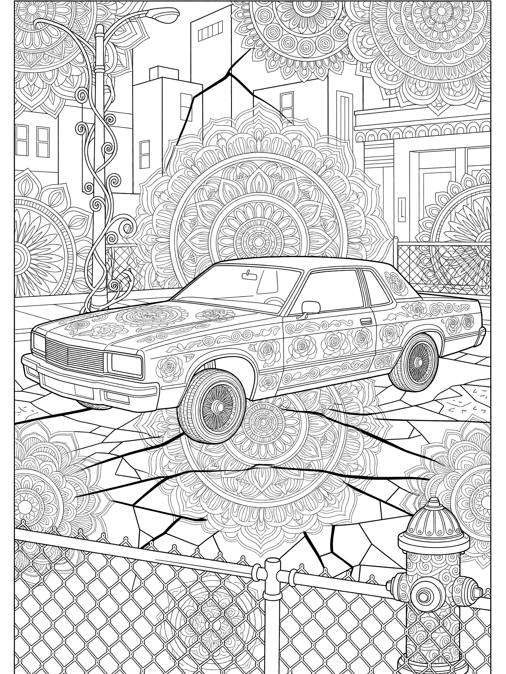 Black and white line art of a parked lowrider car lowered on hydraulics, with floral designs, wire wheels, urban street cracks, fence, hydrant, and buildings.