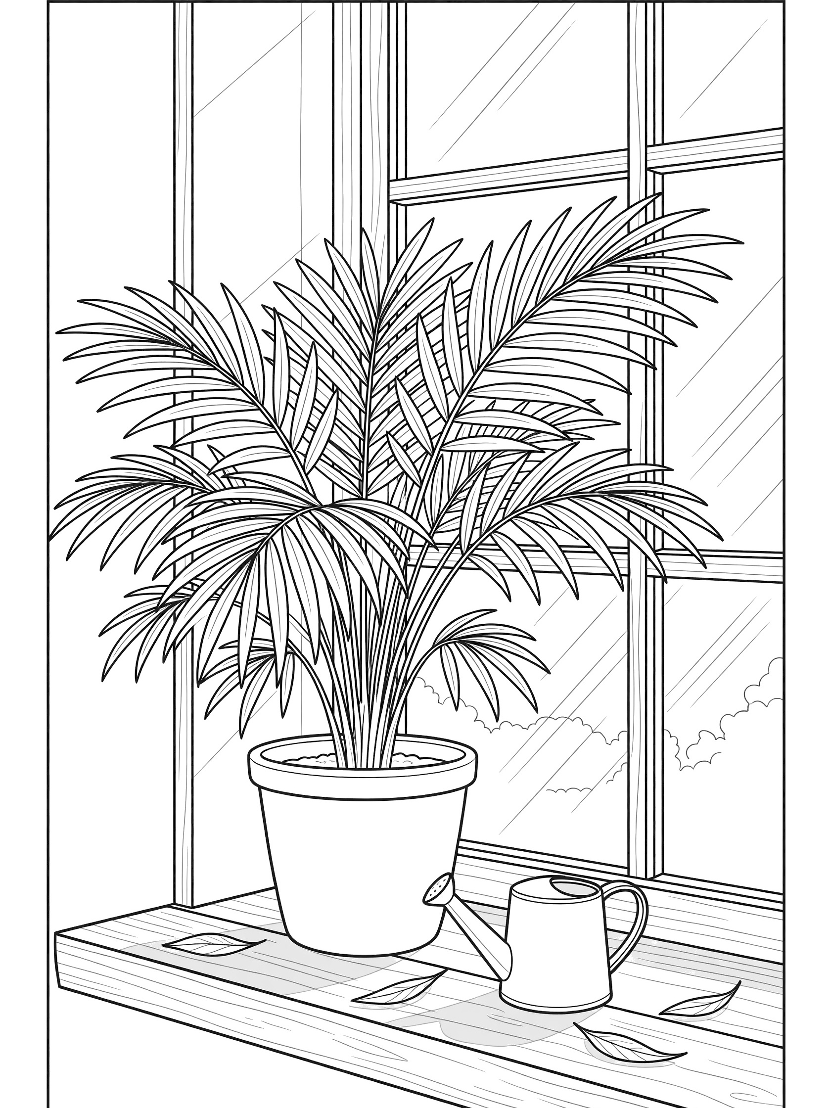 Black and white line art coloring page showing a tall parlor palm plant in a round pot on a wooden windowsill with a watering can and fallen leaves beside a window