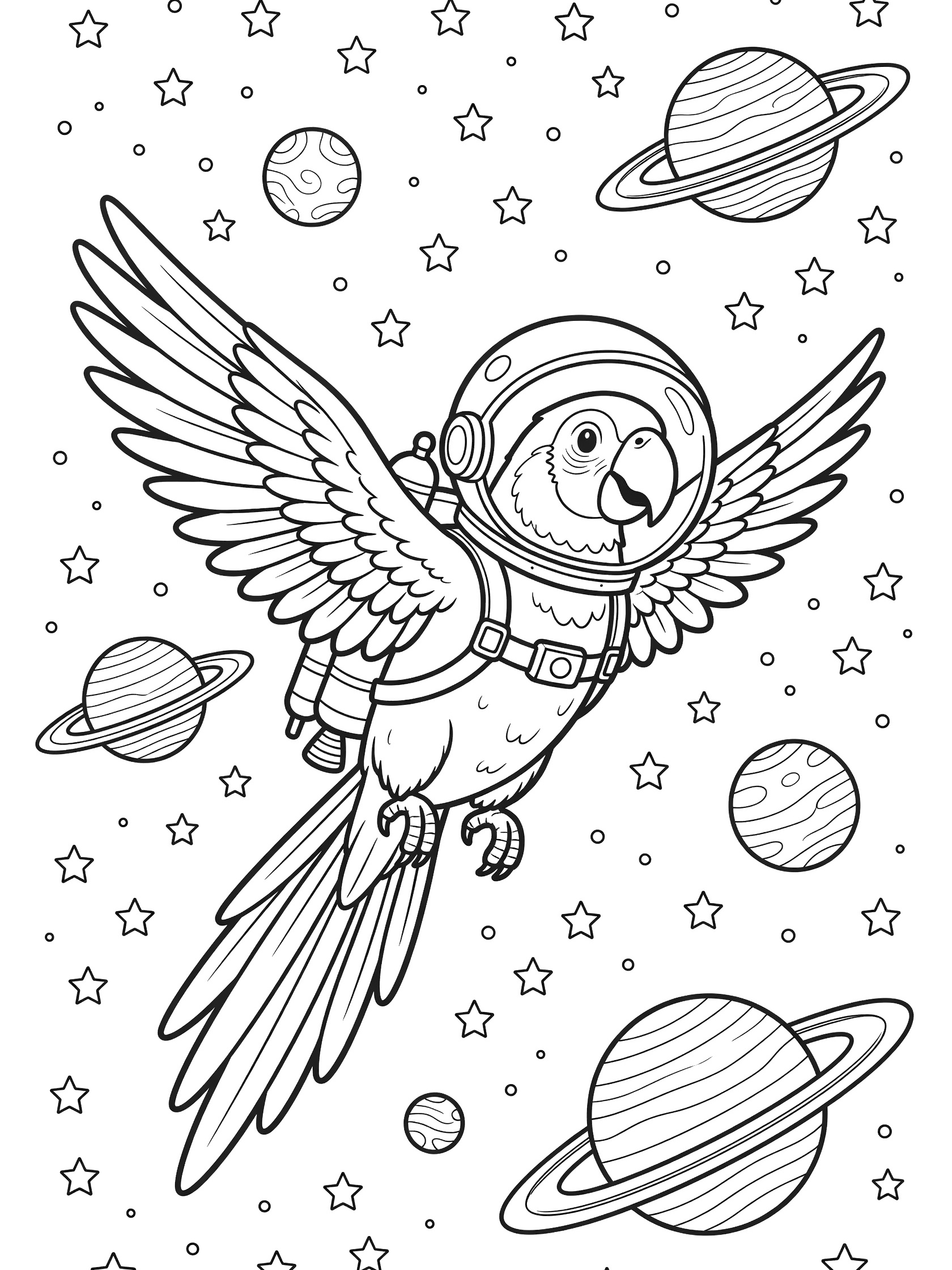 Black and white line art coloring page showing a parrot in astronaut helmet and jetpack flying with wings open among stars and ringed planets.