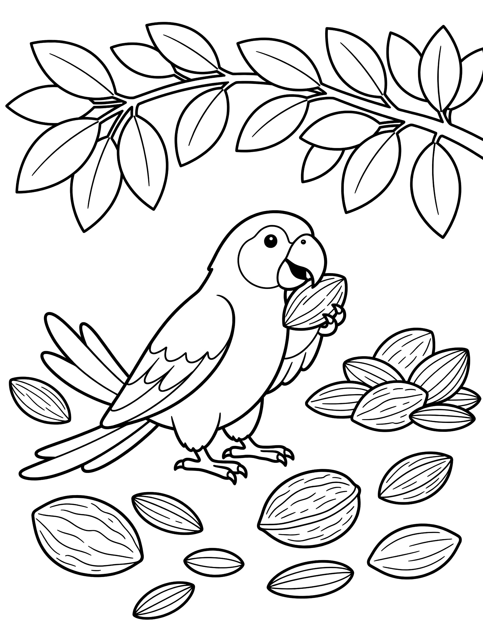 Black and white line art coloring page showing a parrot holding a nut in its beak, surrounded by scattered nuts and seeds on the ground, with leafy branches overhead.