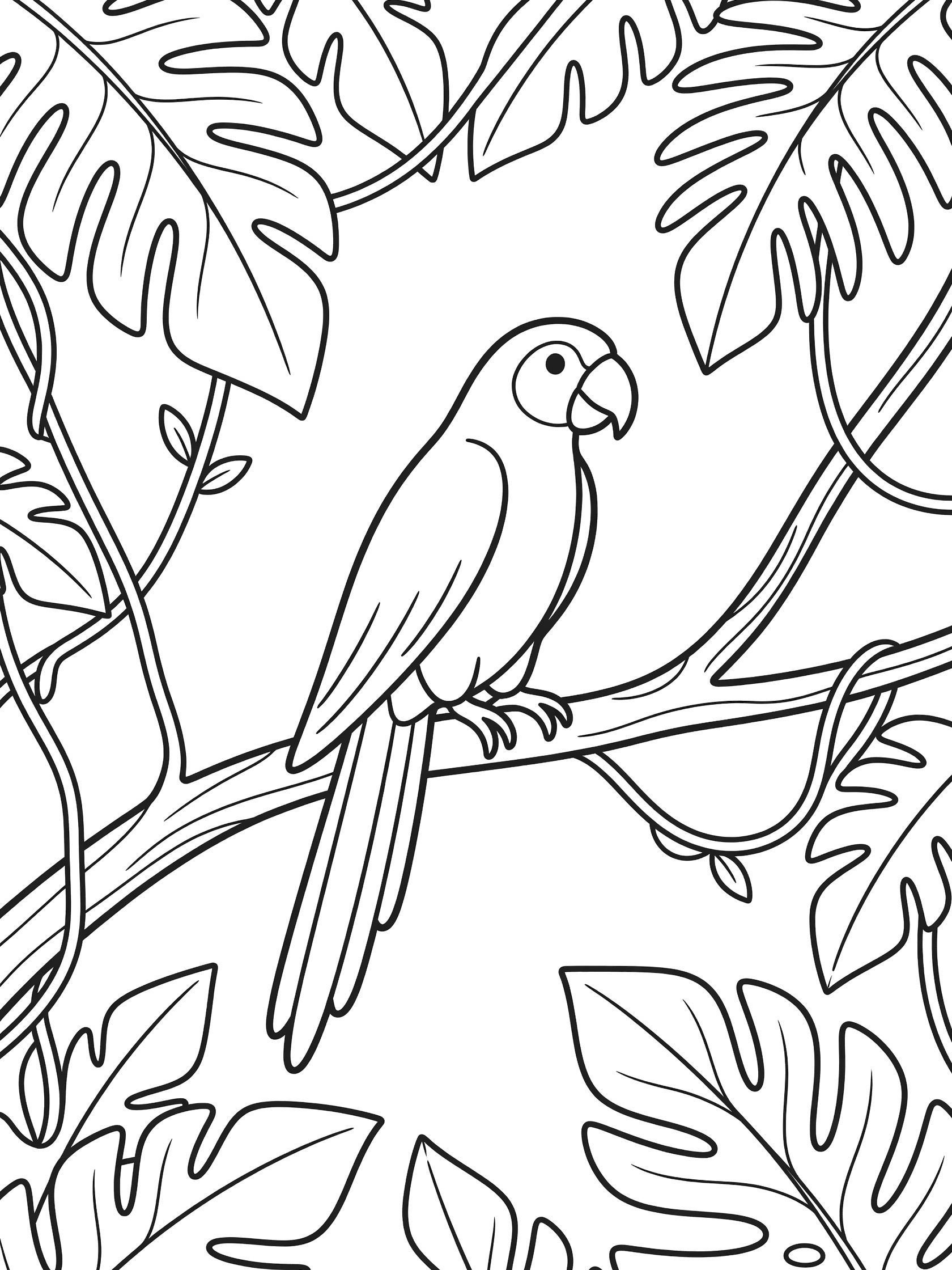 Black and white line art coloring page showing a parrot sitting on a curved branch with large tropical leaves and vines around it.