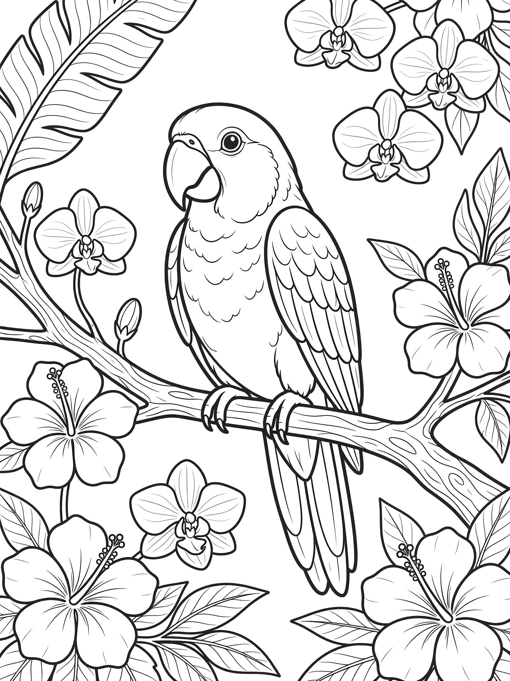 Black and white line art coloring page showing a parrot perched on a woody branch with large hibiscus flowers and orchid blooms nearby, plus broad leaves.
