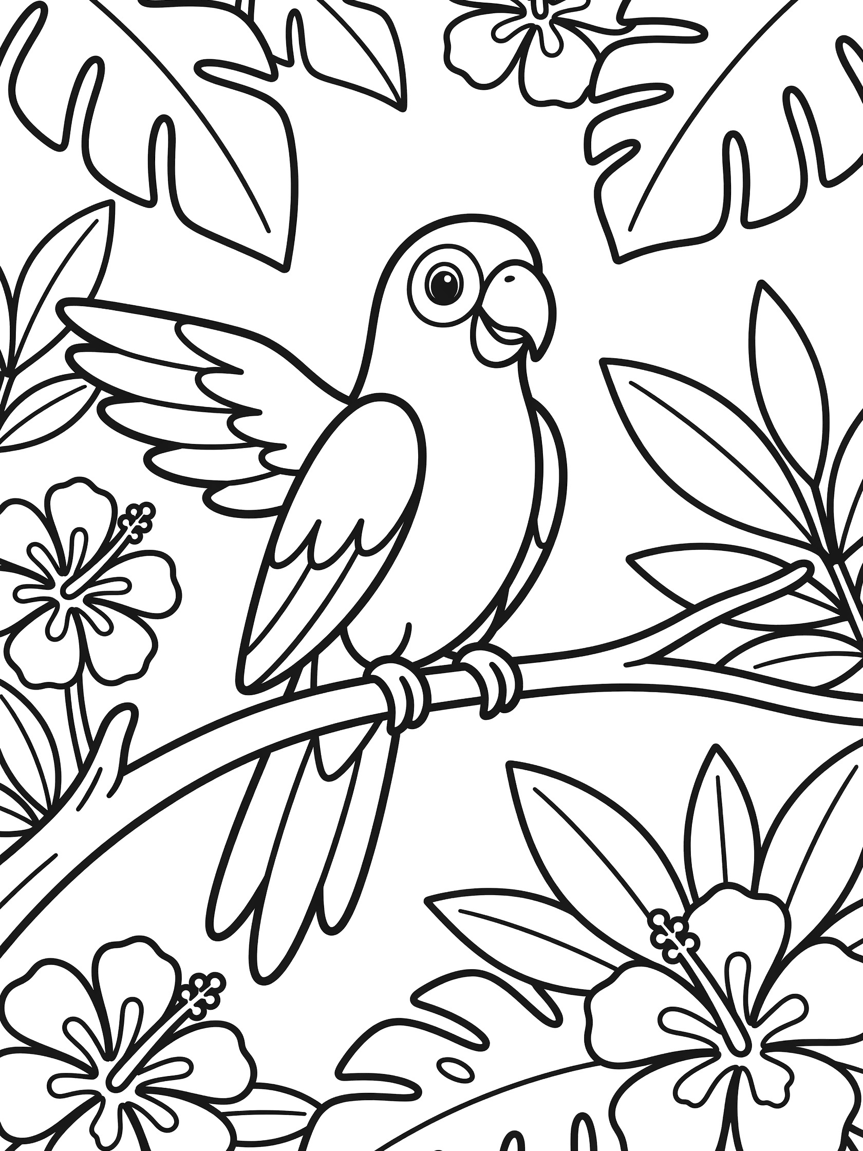 Black and white line art coloring page showing a parrot perched on a branch surrounded by large leaves and hibiscus flowers. Jungle themed black and white printable line art