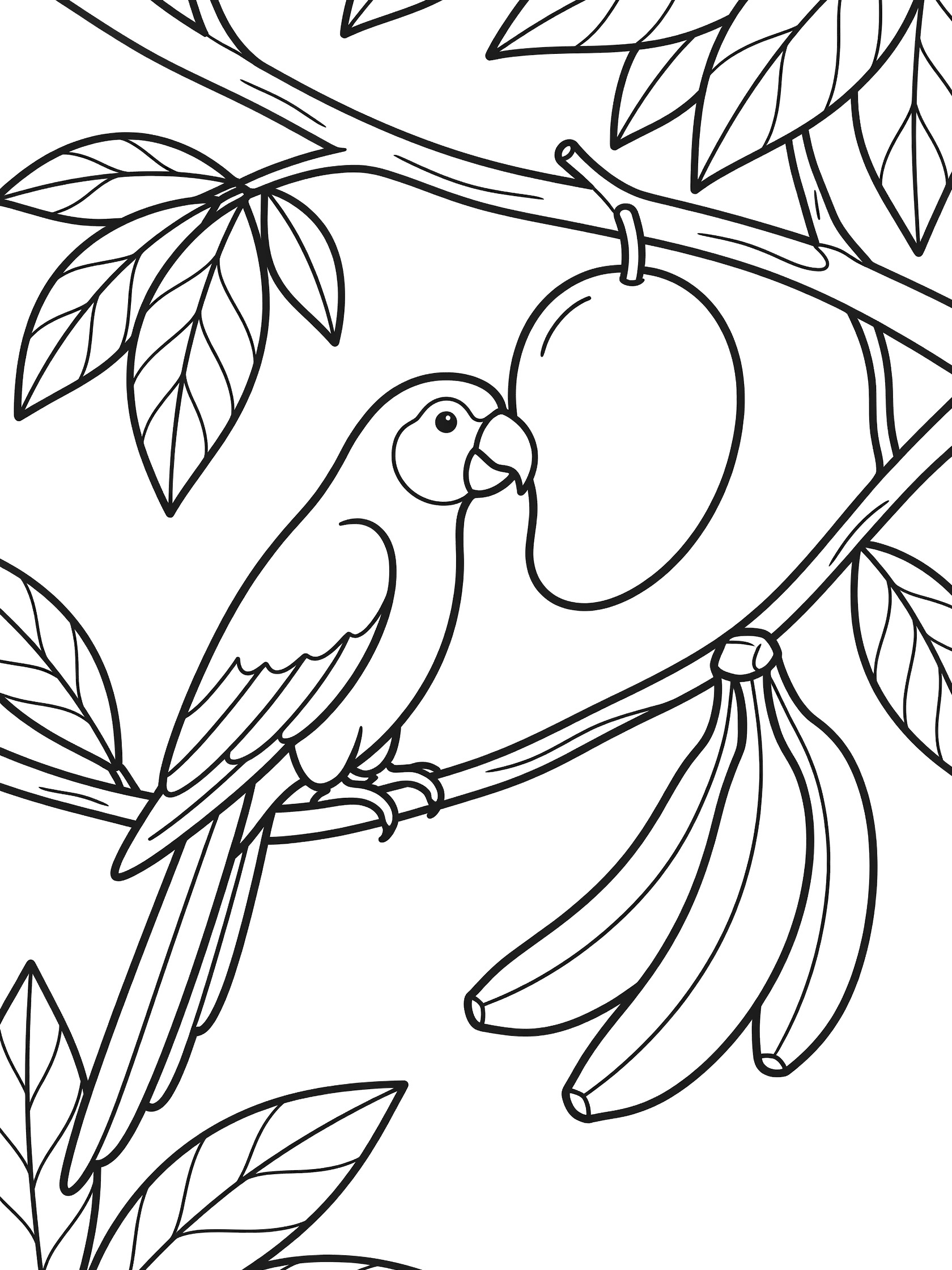 Black and white line art coloring page showing a parrot perched on a branch pecking at a hanging mango with bananas and leaves nearby.