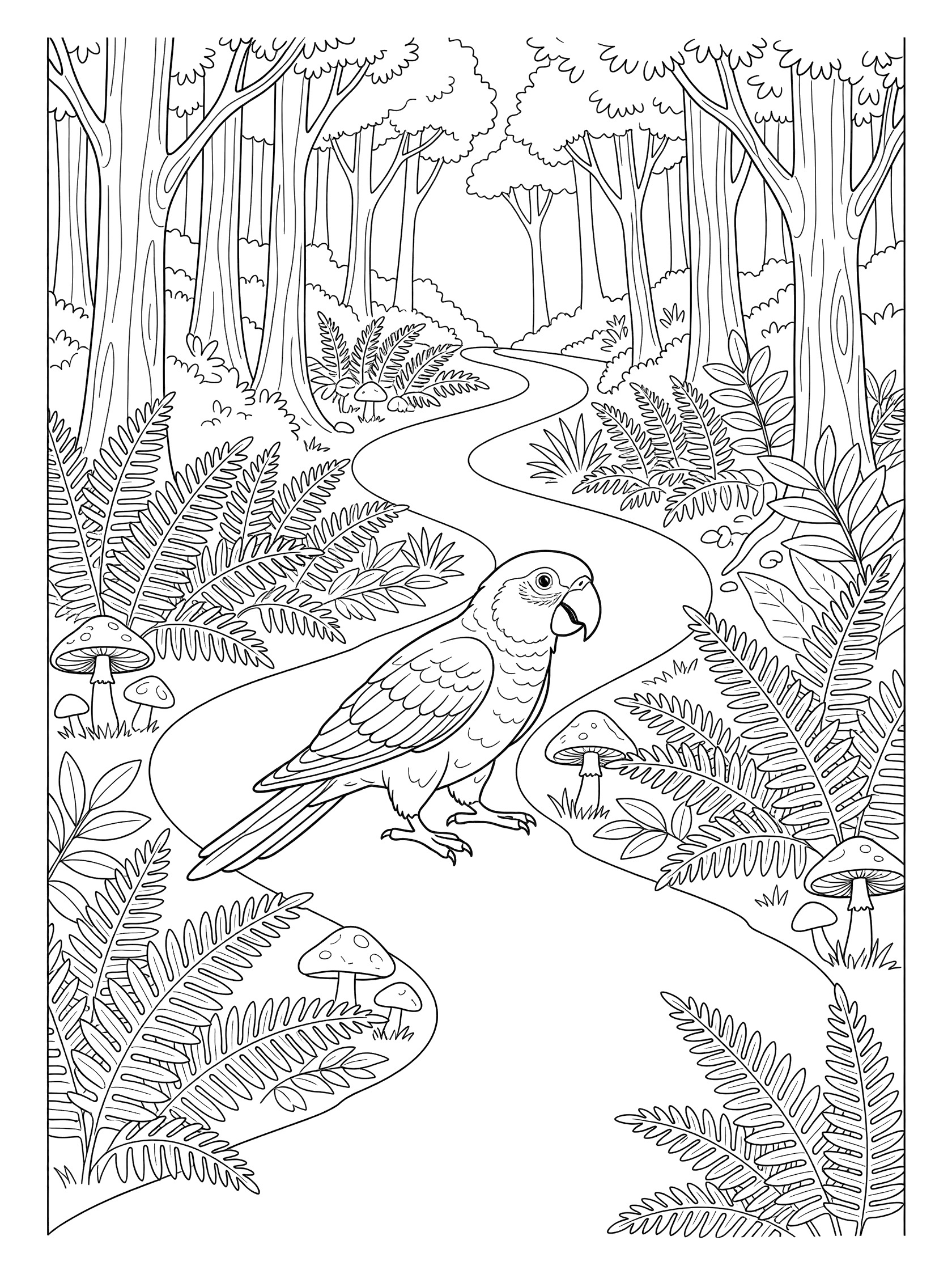 Black and white line art coloring page showing a parrot on a curvy path in a forest with ferns, mushrooms, and trees.