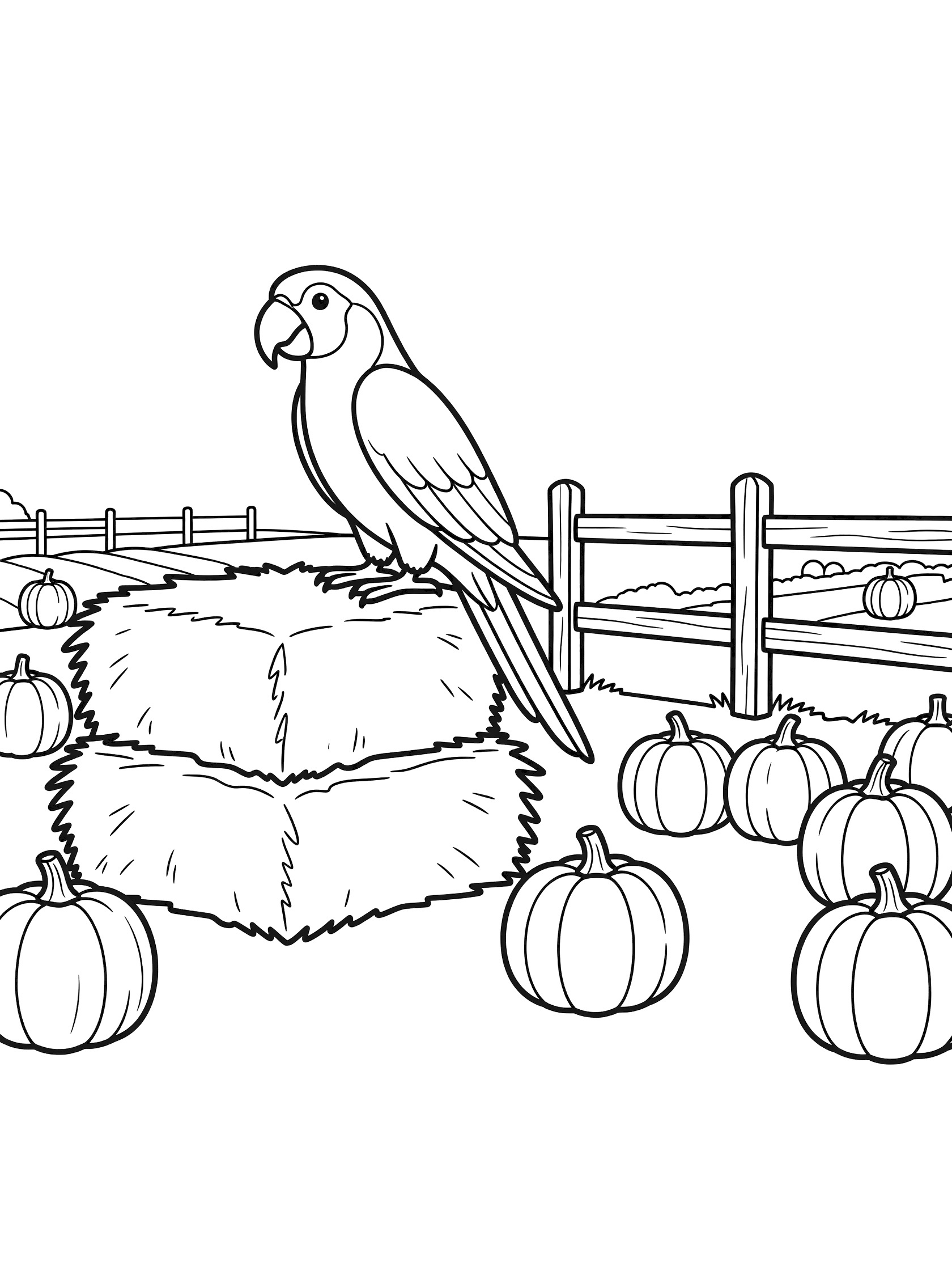 Black and white line art coloring page showing a parrot standing on tall hay bales with pumpkins around and a wooden fence in the background.