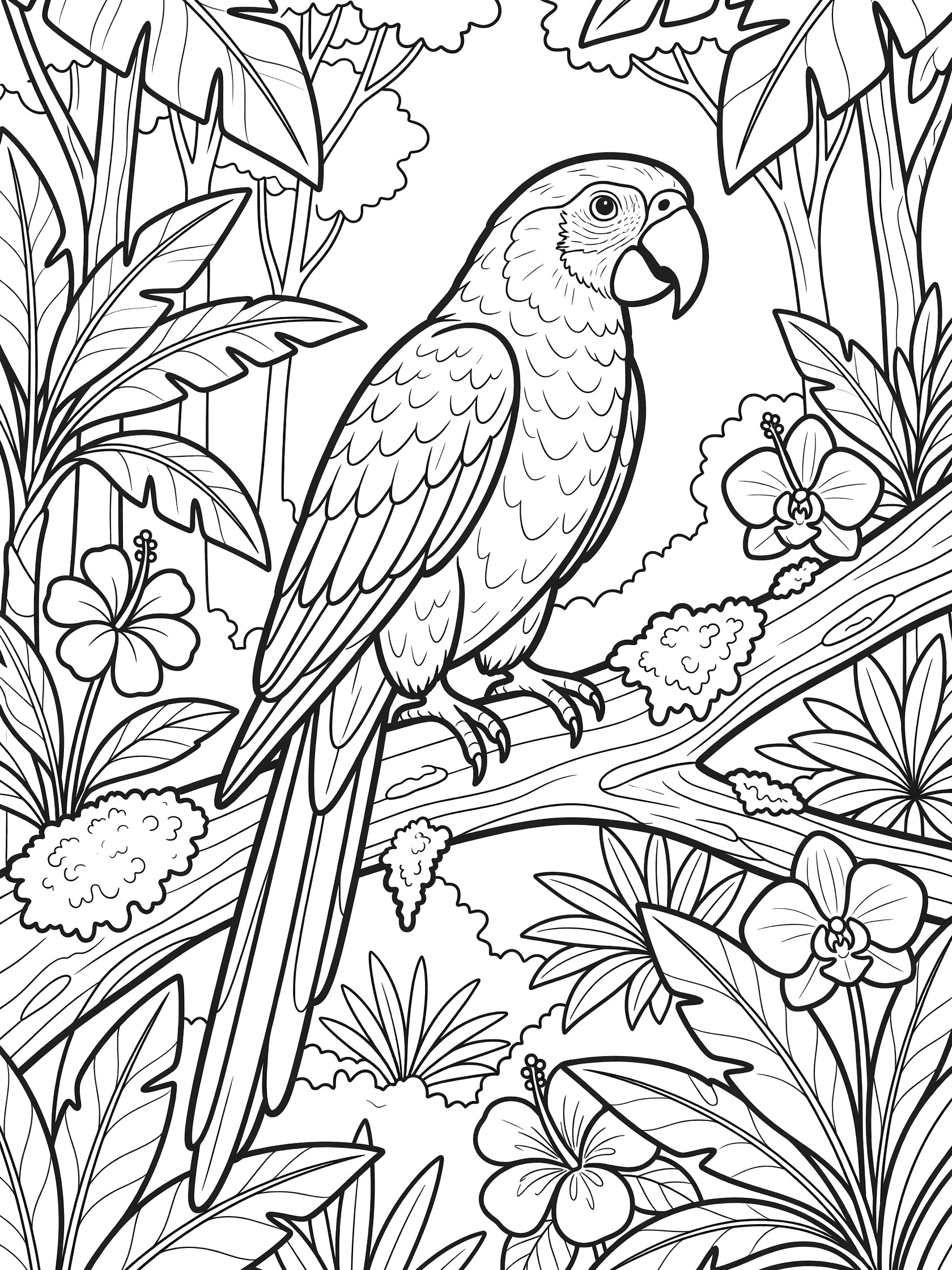 Black and white line drawing of a large parrot perched on a mossy branch surrounded by broad tropical leaves and hibiscus flowers in a jungle setting. African Forests themed black and white printable line art