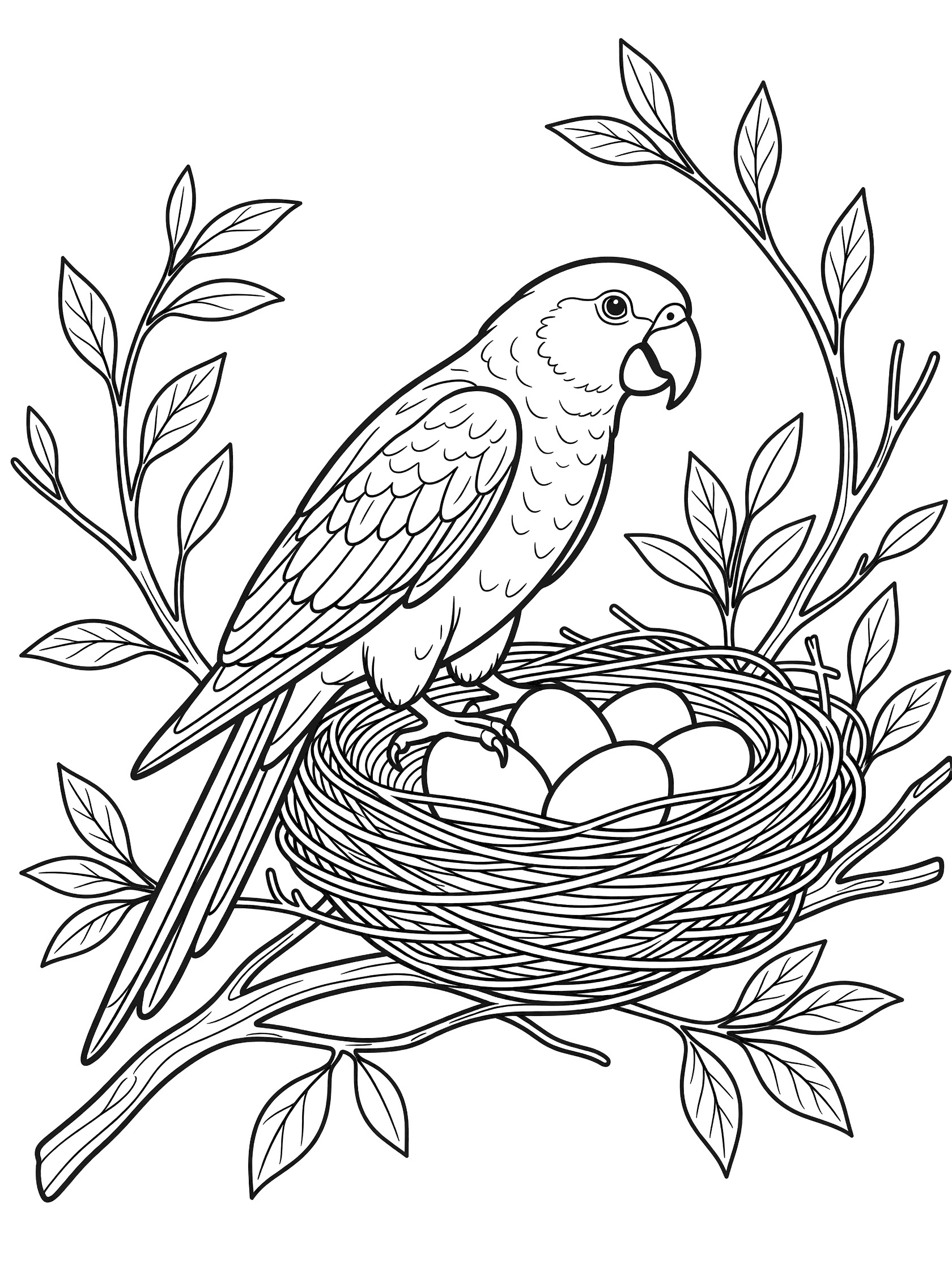 Black and white line art coloring page showing a parrot perched protectively on a nest filled with eggs, surrounded by twigs and leaves.