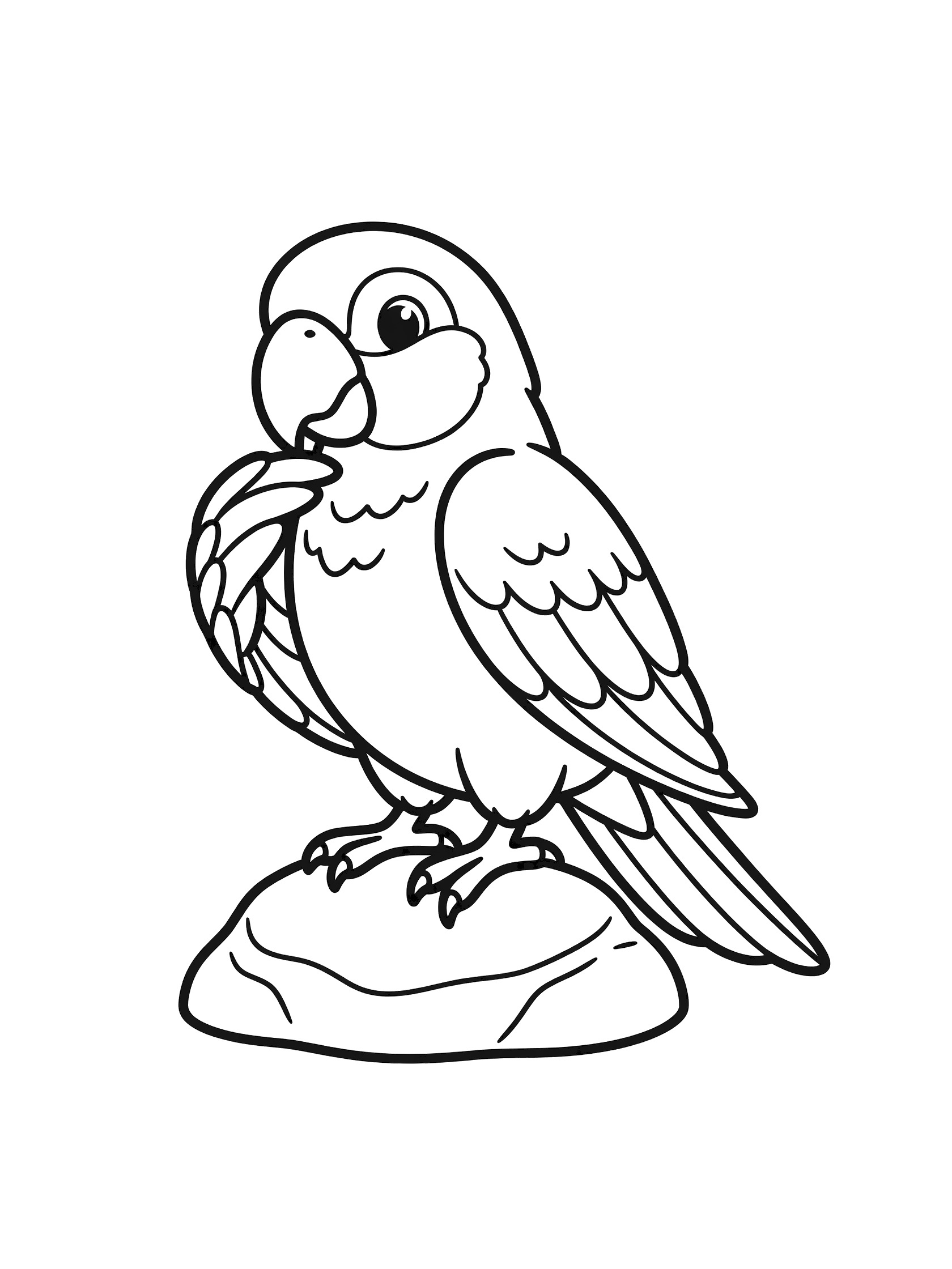 Black and white line art coloring page showing a parrot grooming feathers with beak while standing on one foot on a rock