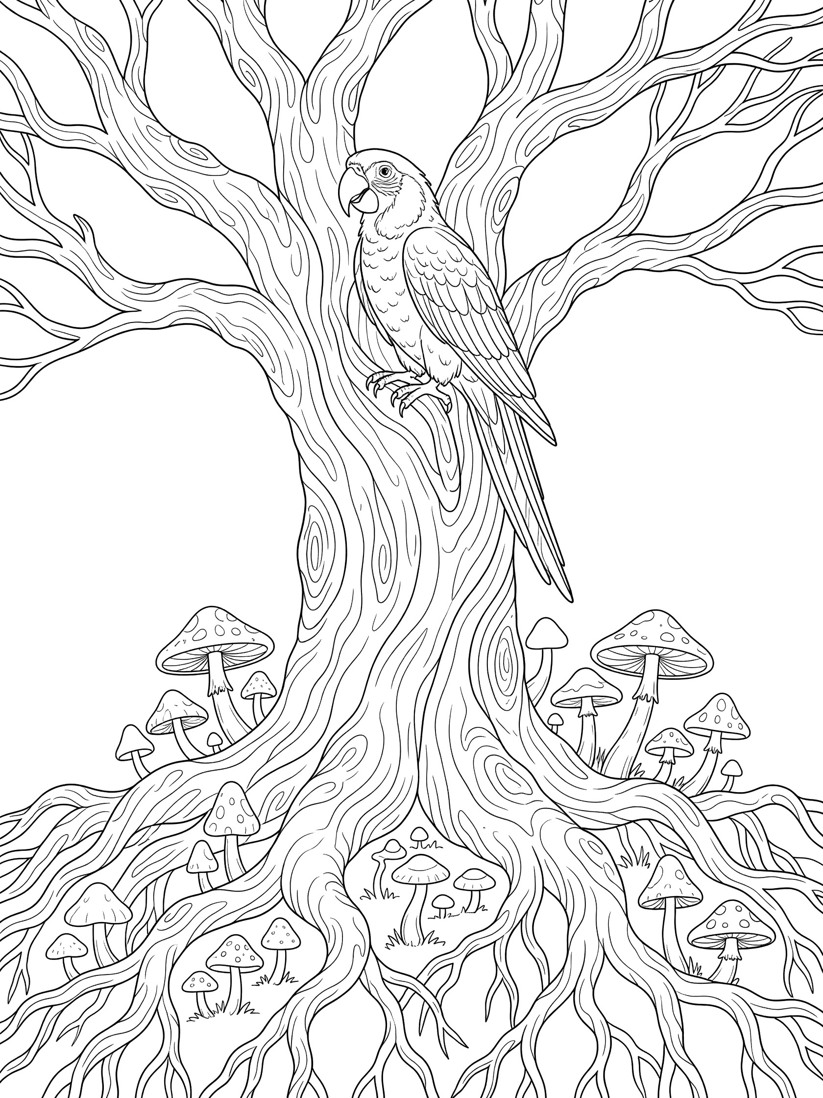 Black and white line art coloring page showing a parrot perched on a tree trunk surrounded by mushrooms and twisting roots.