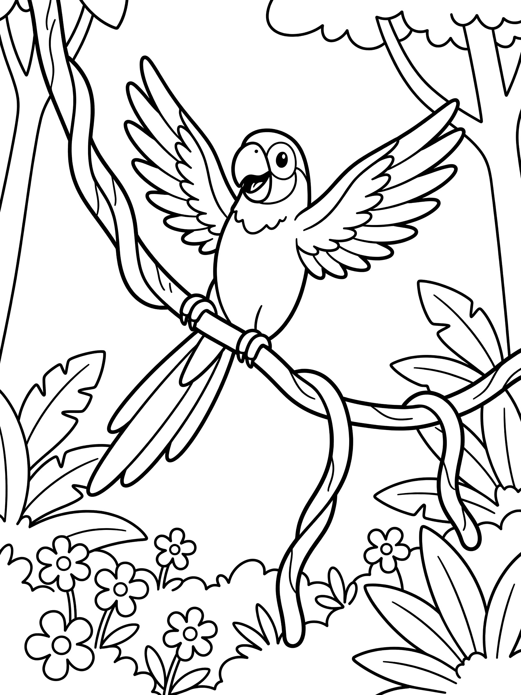 Black and white line art coloring page showing a parrot with spread wings holding a twisting vine surrounded by jungle trees and small flowers.