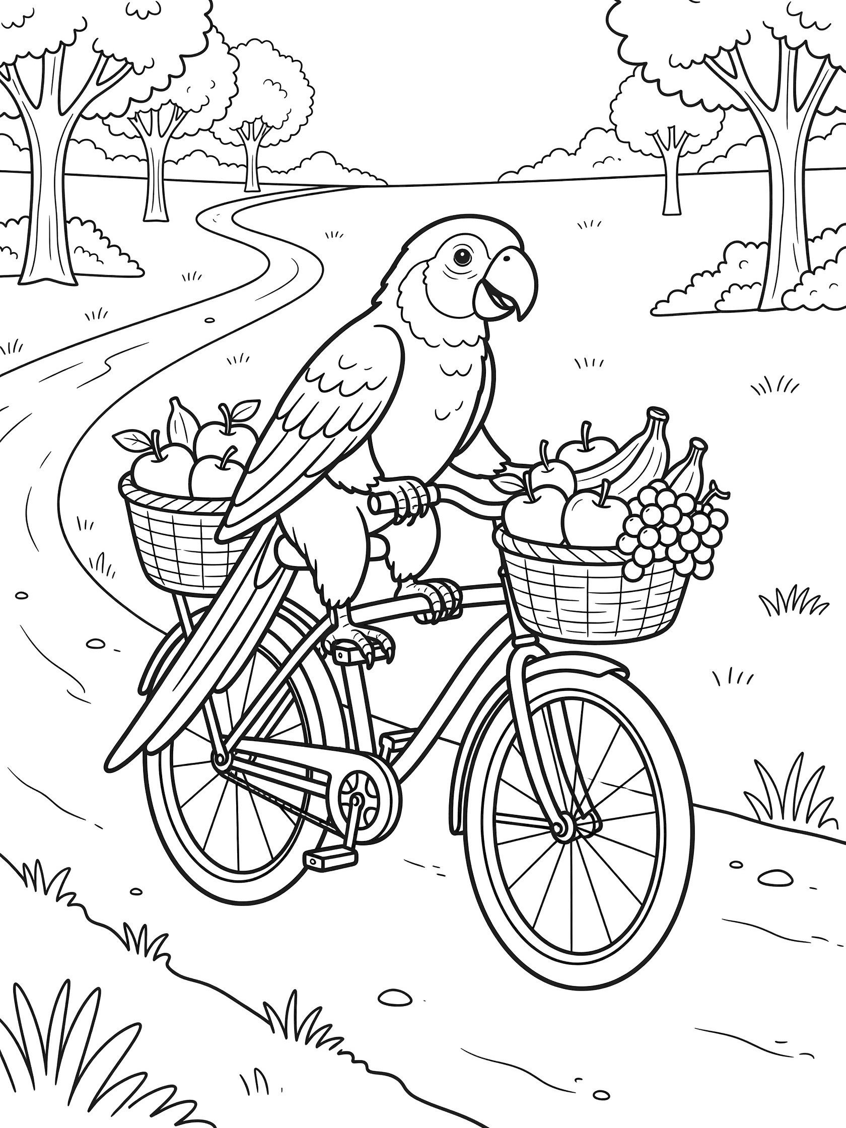 Black and white line art coloring page showing a parrot riding a bicycle loaded with baskets of apples, bananas and grapes along a winding path with trees and grass.