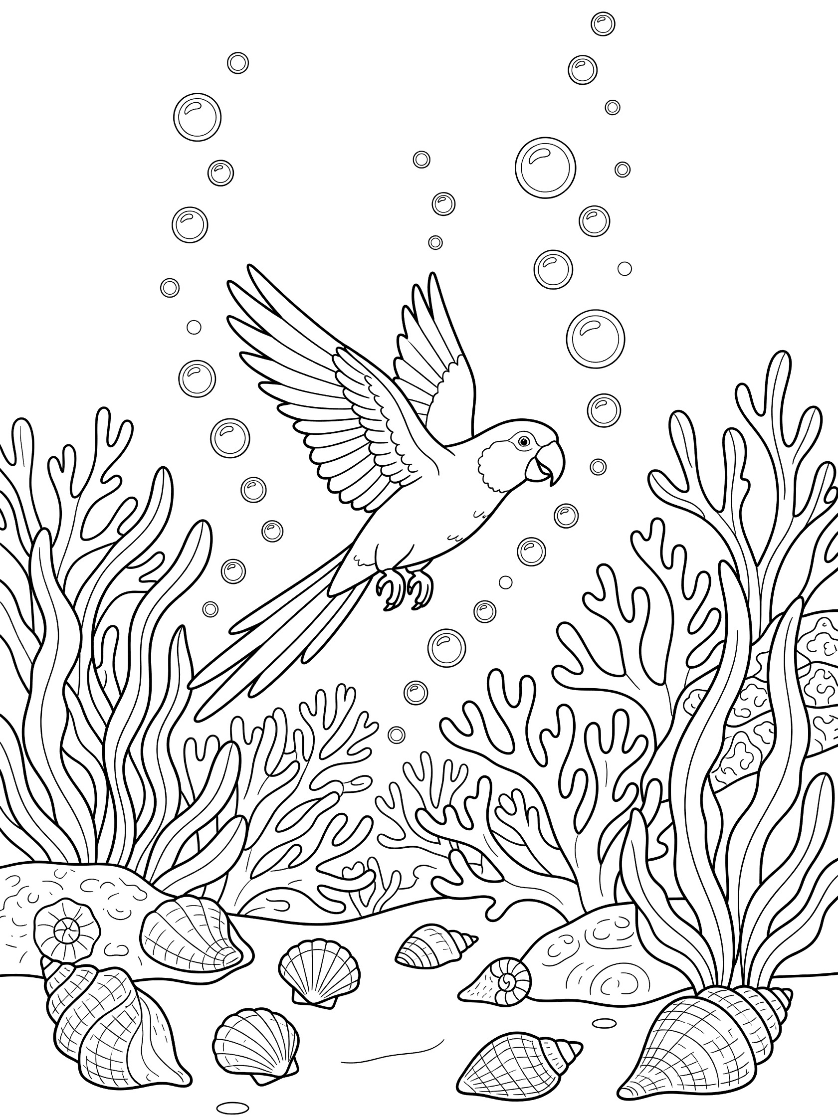 Black and white line art coloring page showing a parrot flying underwater surrounded by bubbles, coral branches, wavy seaweed, and scattered seashells on a white background.