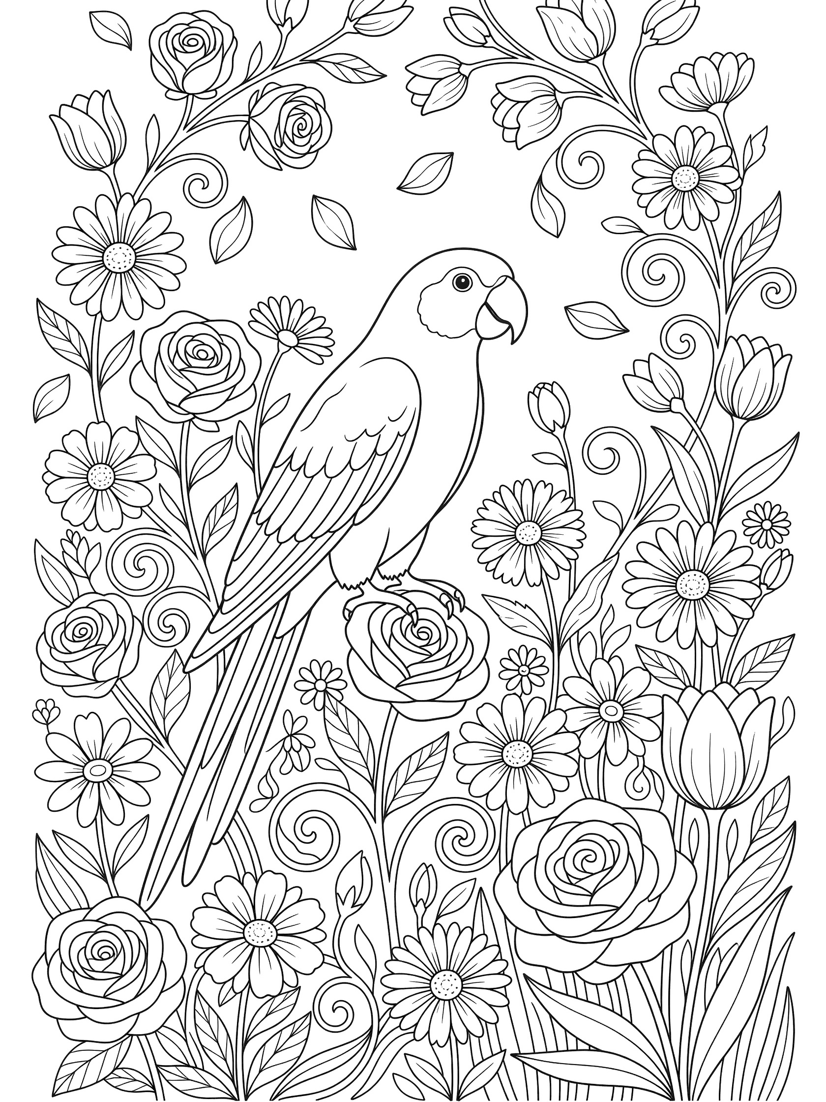 Black and white line art coloring page showing a parrot perched among blooming roses, daisies, tulips, stems, vines, and swirling petals.