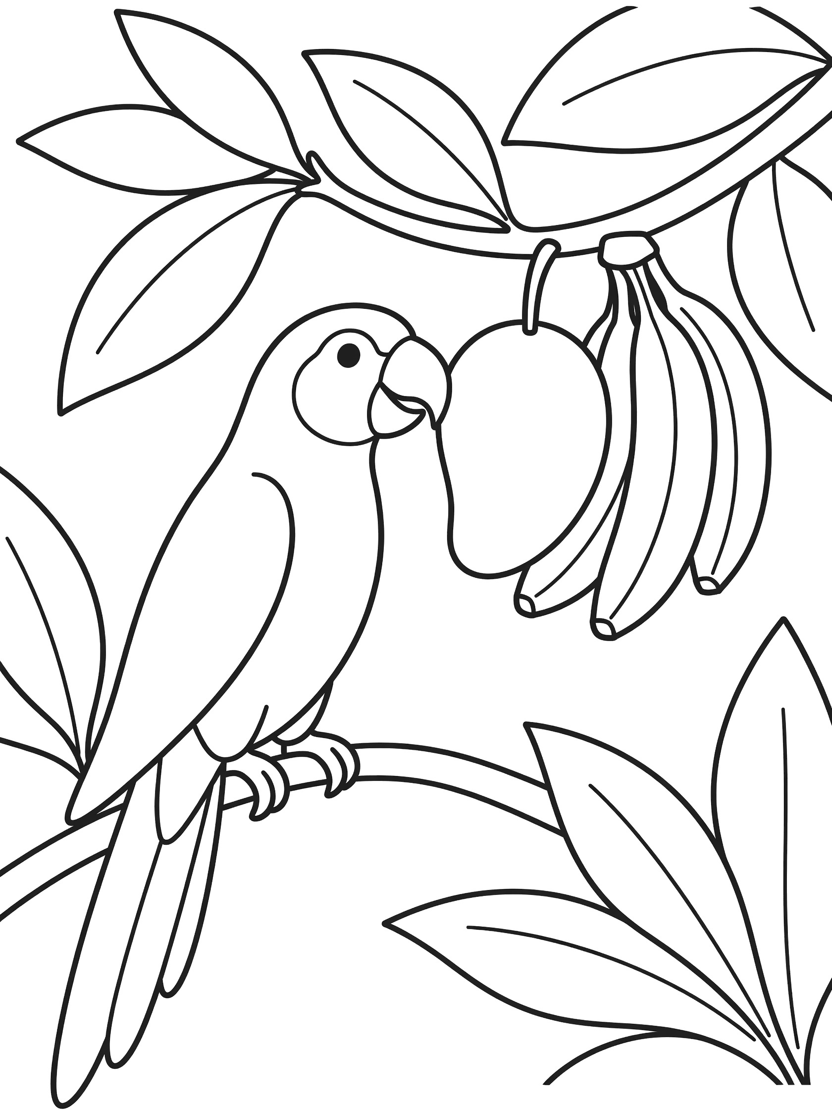 Black and white line art coloring page showing a parrot biting into a mango hanging from a branch, with bananas and green leaves nearby.