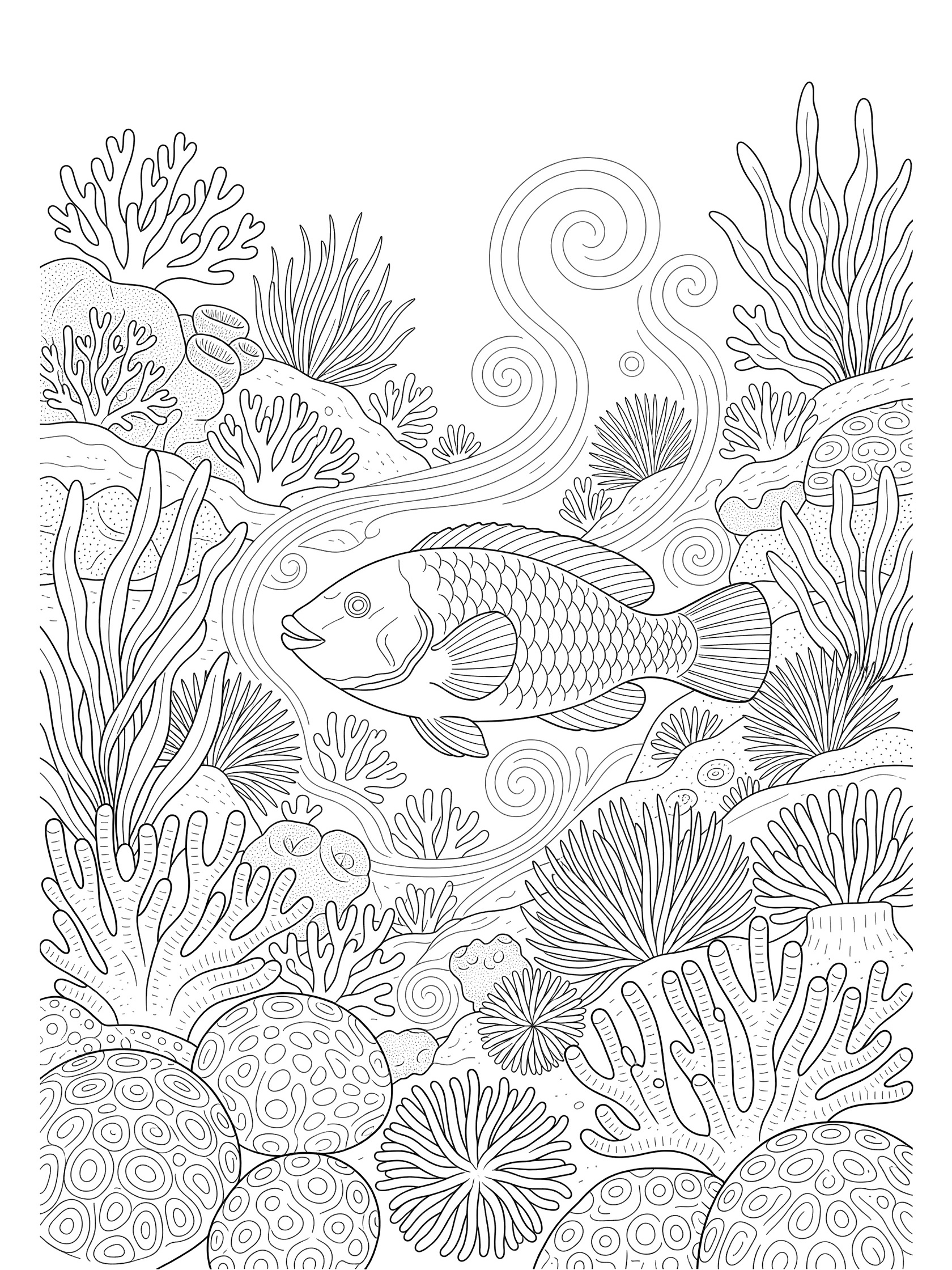 Black and white line art coloring page of a parrotfish exploring a coral reef with varied corals, sea plants, and swirling ocean currents.