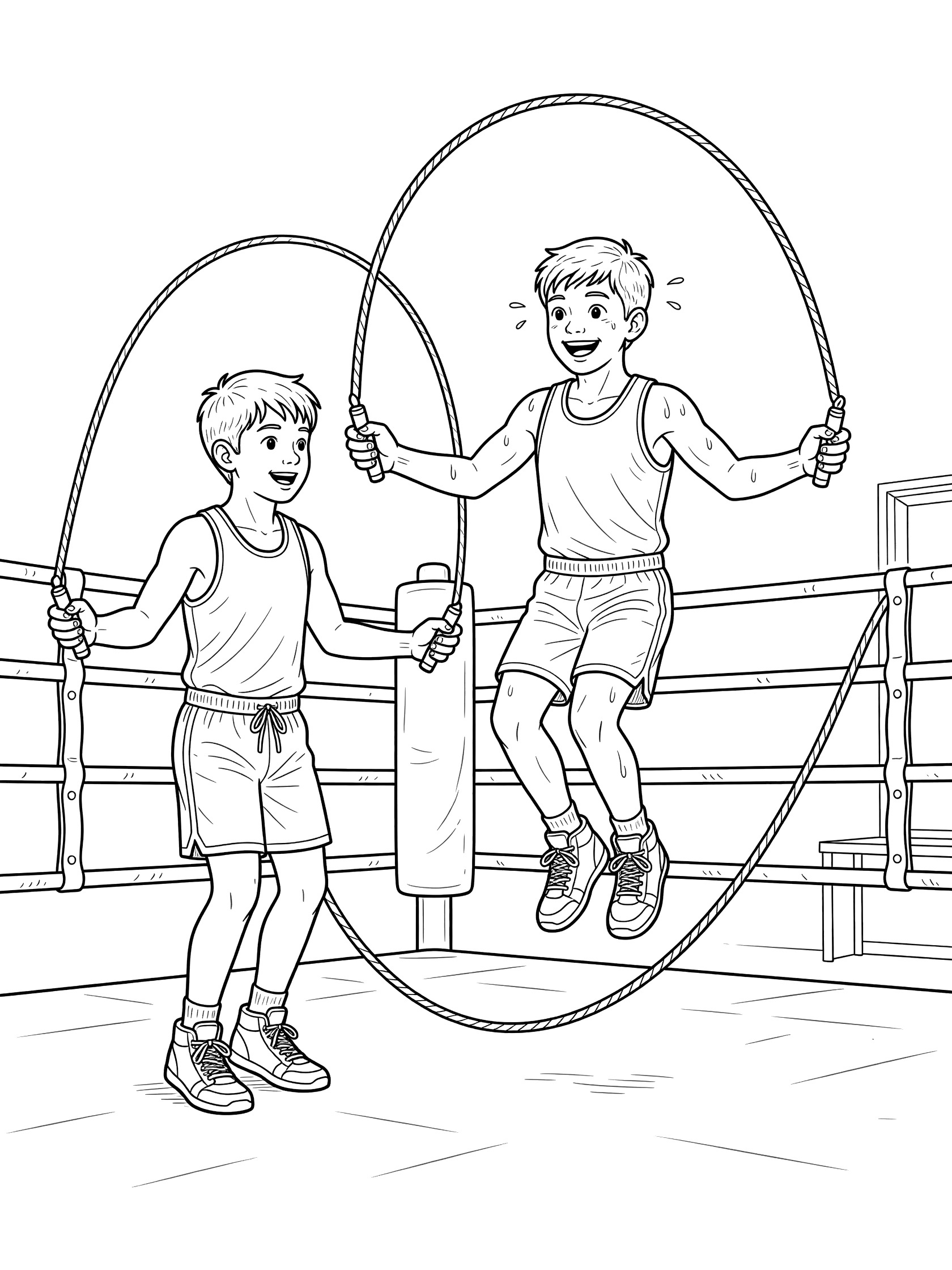 Black and white coloring page of two boys in tank tops and shorts doing double jump rope together inside a boxing ring with ropes.