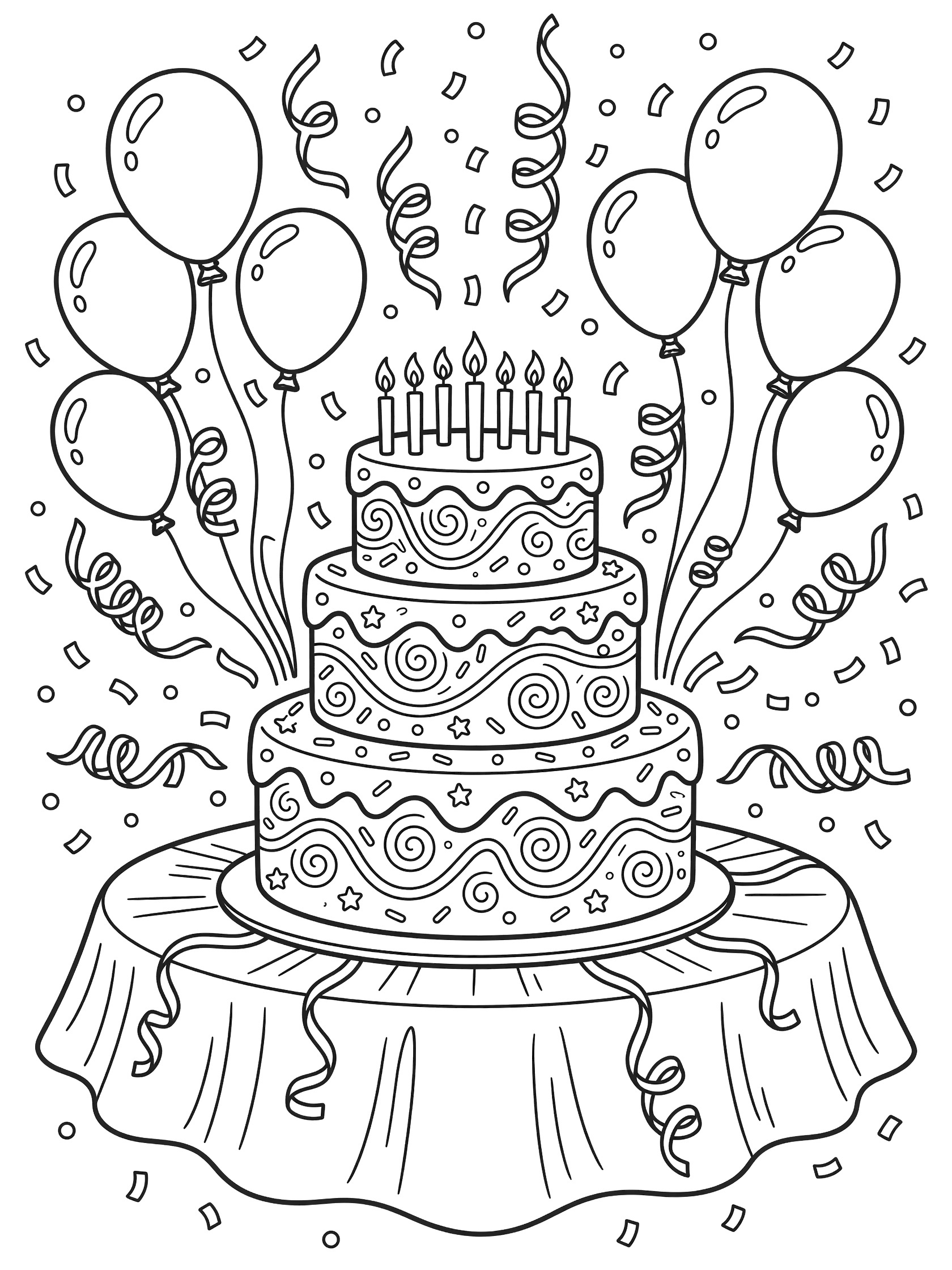 Black and white line art of a three-tiered birthday cake with candles, balloons, streamers, confetti, and sprinkles in a festive party design.