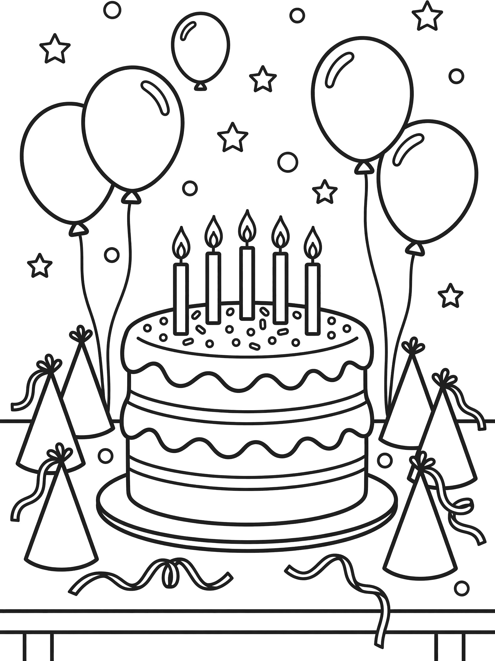 Cute cartoon coloring page showing party hats standing around a layered birthday cake with candles on a table, plus balloons and confetti.