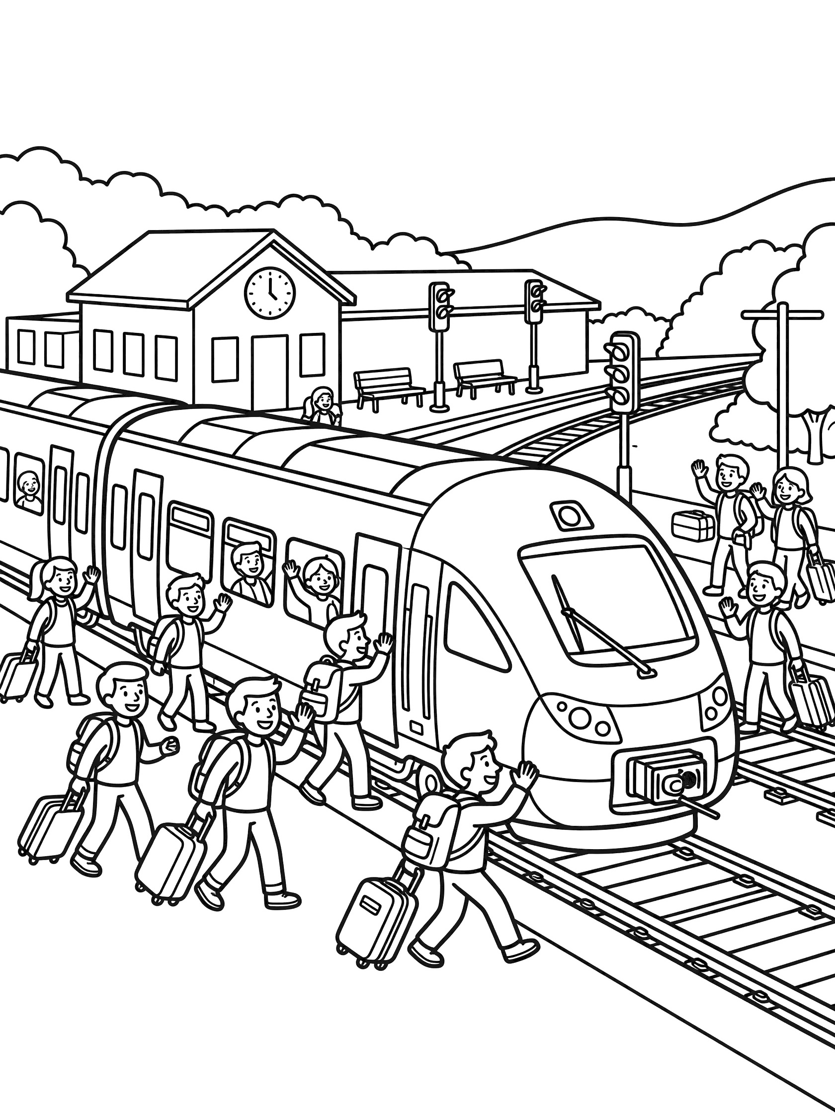 Black and white coloring page of a passenger train at a station platform with people boarding, suitcases, station building, clock, benches, and tracks.